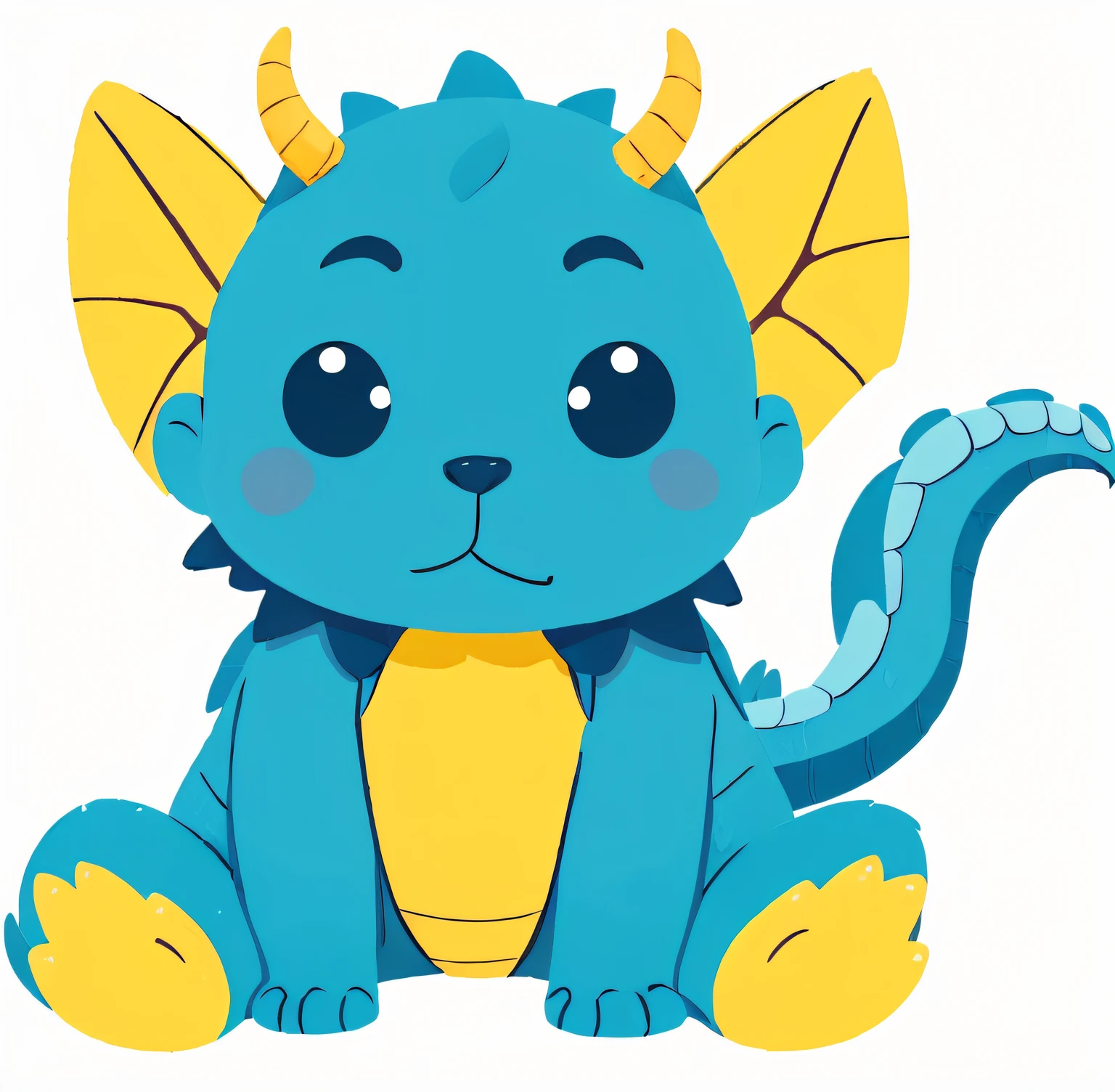 (best quality,ultra-detailed,realistic:1.37),a cute small blue and yellow cartoon dragon sitting on the ground,cheerful expression,smooth scales,shiny eyes,curved horns,golden wings,playful appearance,cartoon-style texture,vibrant colors,soft lighting