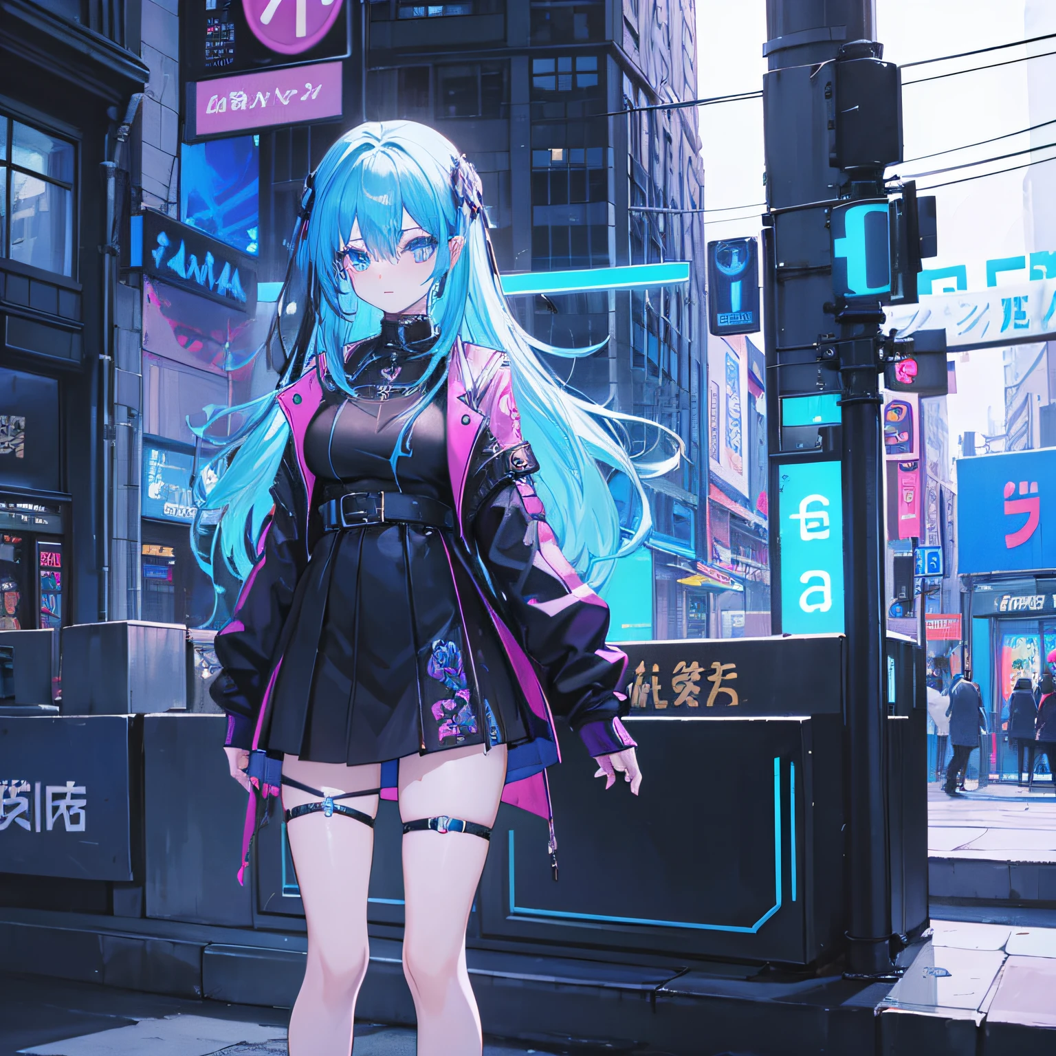 A goth girl in a blue neon city, , Anime style, por el ancho, de pie, saltandoo, Linda, ropa , gotic, con capa, waifu girl, neon azul,