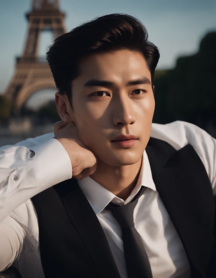 Cinematic portrait, upper body, face, facing the audience, (Reality :1.3), one of the most beautiful artworks in the world, a slim korean man looks into the camera, black suit, white shirt, :1.4), detailed beautiful face, action shooting, Eiffel tower background, realistic photos, CG, Art Station