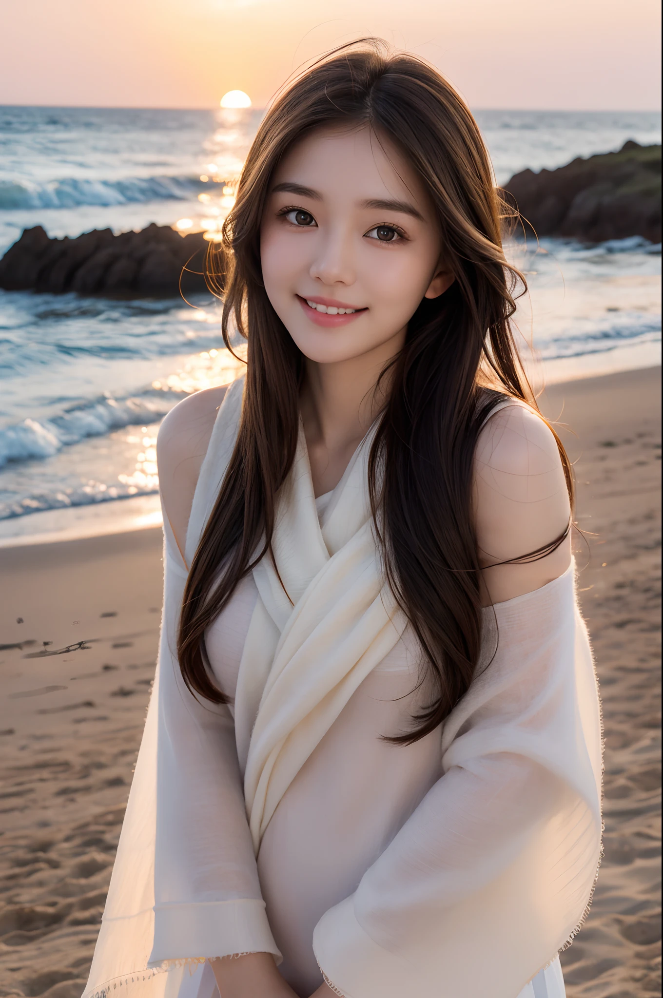 Beautiful girl,Highest image quality,Beautiful graphics,big bright eyes,long eyelasher,Long brown hair shawl,Perfect facial features,Clear face,Delicate lips,ssmile,the setting sun,Beautiful backdrop by the sea,Gentle light