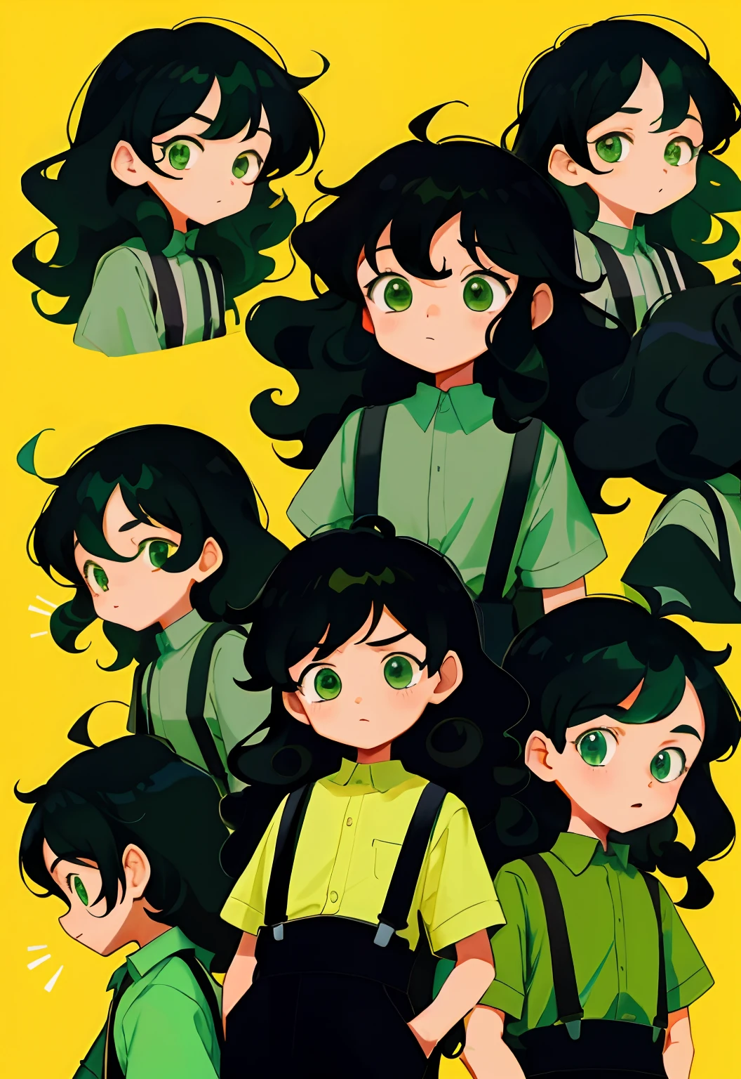 younge boy,multiple postures and expressions,Children's book illustration style,، simple,adolable,full-color,Black suspenders,Long curly hair in black color,Green eyes,flatcolors,