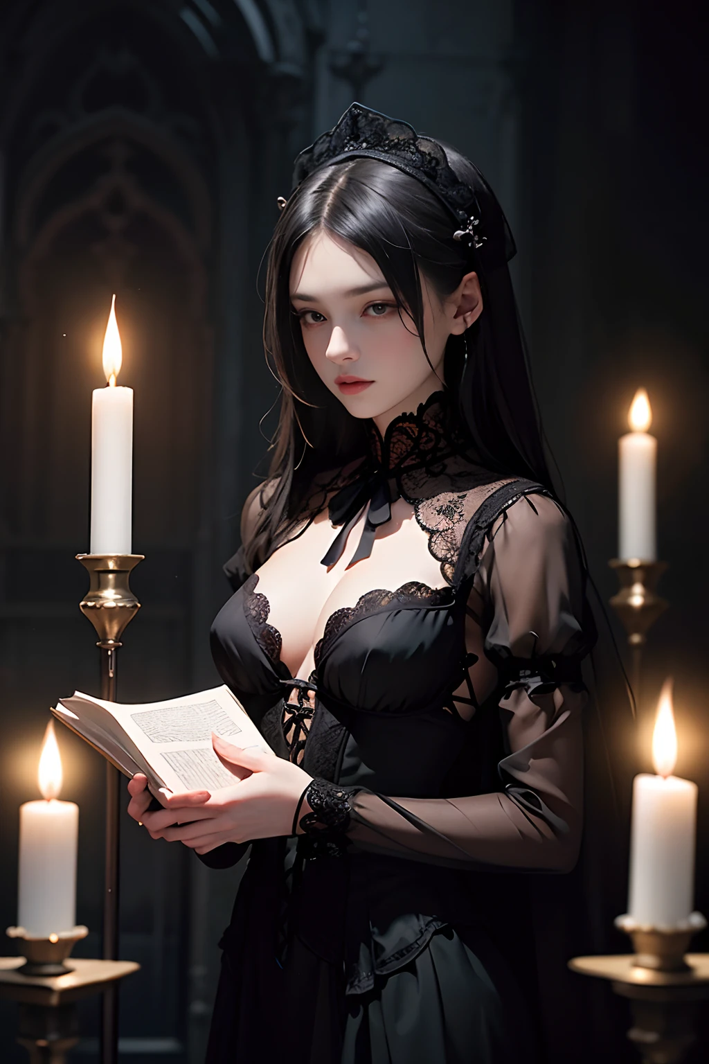 Official Art, Unity 8k wallpaper, super detailed, beautiful, beautiful, masterpiece, best quality,
darkness, atmosphere, mystery, romanticism, creepy, literature, art, fashion, victorian, decoration, intricacies, ironwork, lace, contemplation, emotional depth, supernatural, 1 girl, solo, neck, bust composition, full body, beautiful girl dressed in black, transparent clothing showing naked body, black clothing with Victorian lace, small breasts visible, transparent fabric showing naked body of beautiful girl, interior of gothic temple, lamp and candles and lantern, antique clock in wall, night light, illuminated face, fantasy, mystery, fog, full moon, cloudy sky, book on marble pedestal, magic book of wisdom,