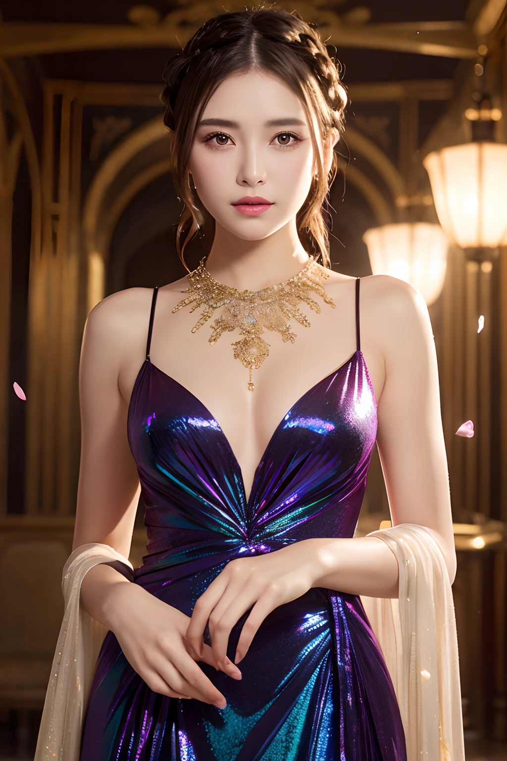 finest image, beautiful woman, sexy red satin long evening dress with wide open sides, black evening gloves, luxurious accessories, iridescent light brown braided bangs ponytail, sparkling big eyes, red alluring moist big thick lips, very small breasts, slender, perfect proportion, background fantasy iridescent light glass crystal metal-plated stained glass room, that emits fantastic light, light particles, light sparkles, scatter gold and silver glitter and confetti, iridescent light particles, many falling petals, detailed and delicate depiction, professional lighting