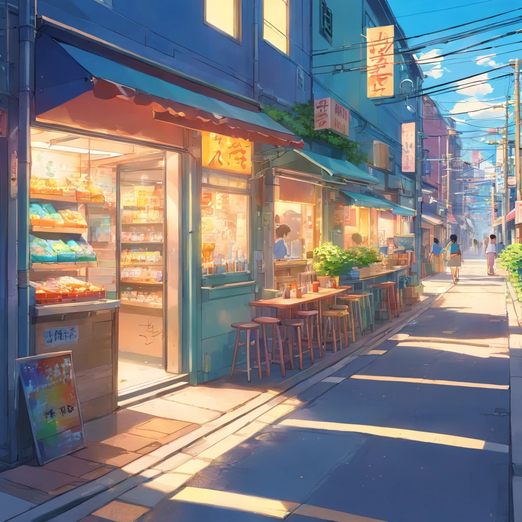shadows, colorful, bustling city, vibrant street life, lively atmosphere, urban landscape, diverse architecture, busy pedestrians, street vendors, cars passing by, city lights, perspective, depth, dynamic composition, playful elements, cheerful mood, summer vibes, sunlight, reflections, vivid colors, bold shapes, energetic brushstrokes, vibrant textures, urban art, graffiti, vibrant and diverse cultures, lively street scenes. (best quality,highres,ultra-detailed,realistic), anime, photography, concept artists, HDR, UHD, studio lighting, ultra-fine painting, extreme detail description, professional, vivid colors. summer colors, summer, maine, maine suburban neighborhood