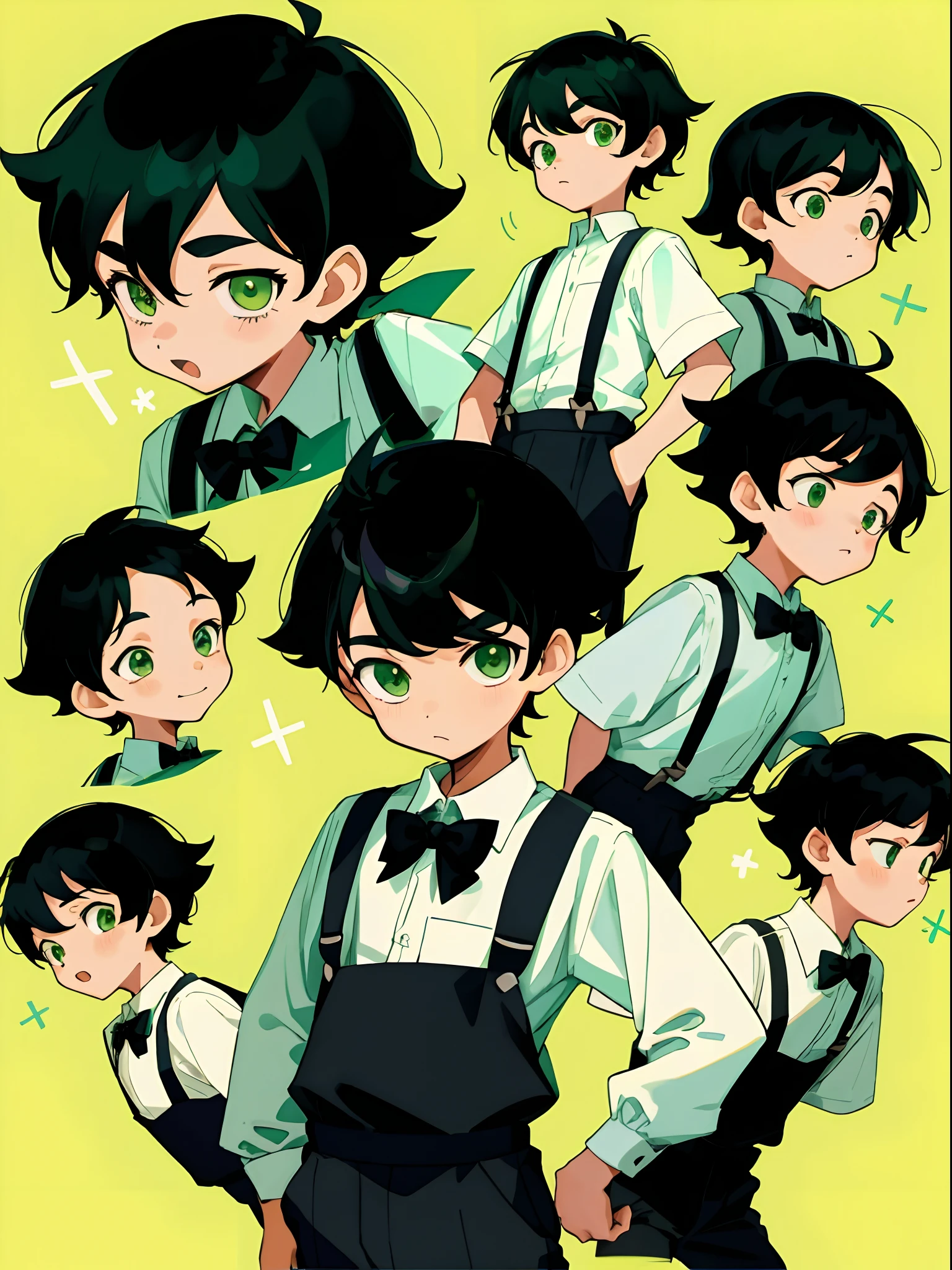 younge boy,multiple postures and expressions,Children's book illustration style,، simple,adolable,full-color,Black suspenders,Black color hair,Green eyes,flatcolors,