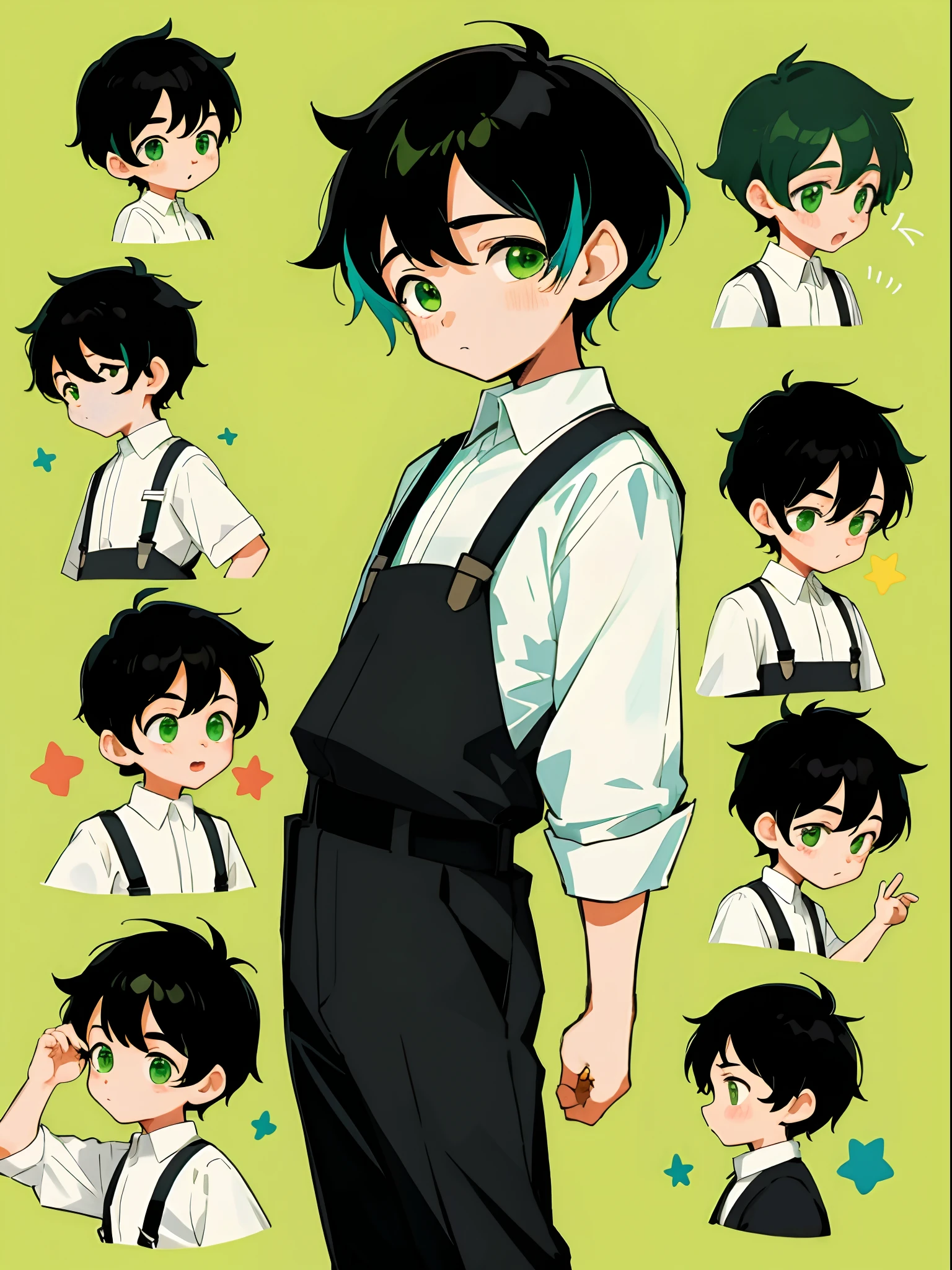 younge boy,multiple postures and expressions,Children's book illustration style,، simple,adolable,full-color,Black suspenders,Black color hair,Green eyes,flatcolors,