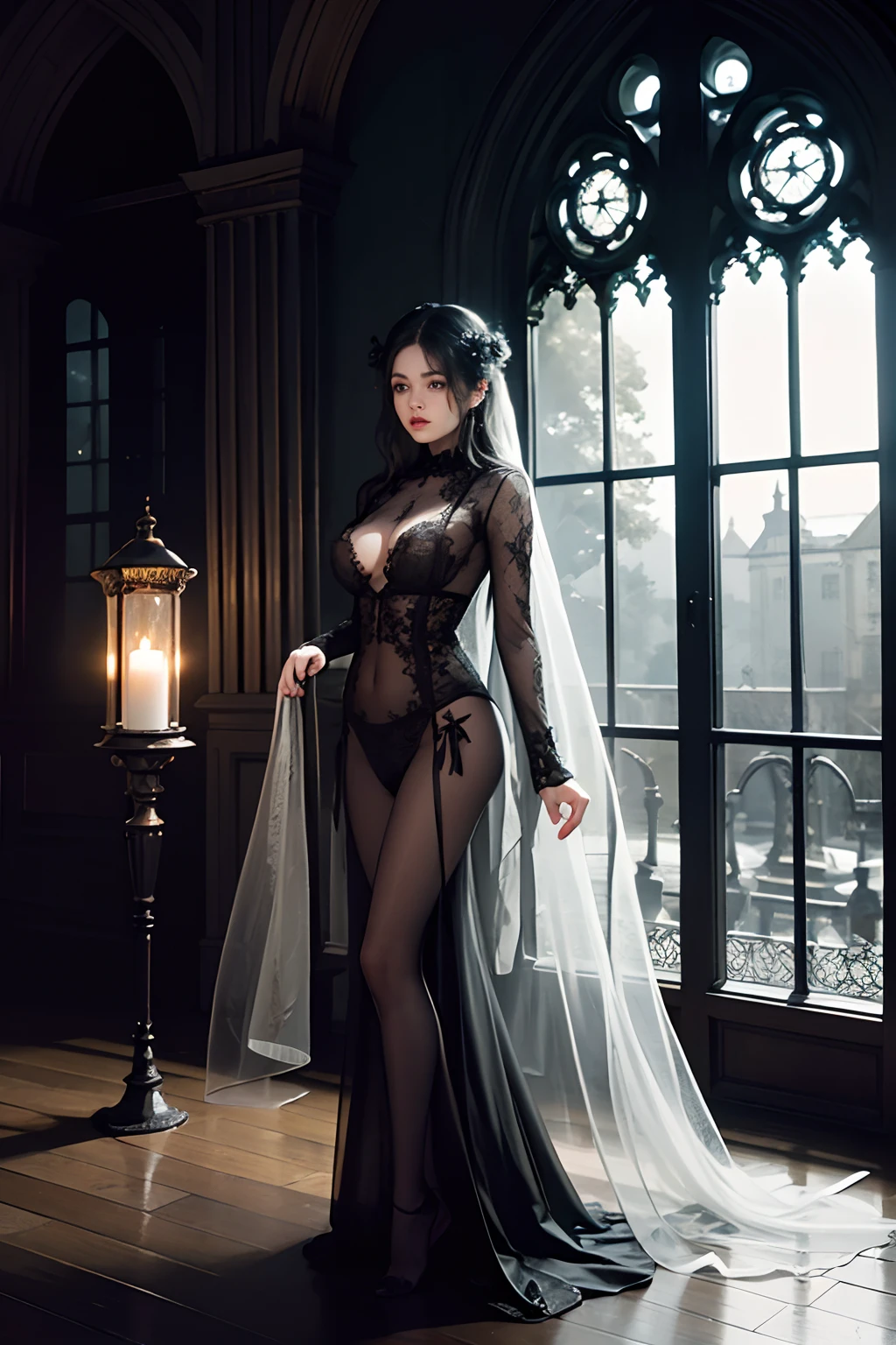 Official Art, Unity 8k wallpaper, super detailed, beautiful, beautiful, masterpiece, best quality,
darkness, atmosphere, mystery, romanticism, creepy, literature, art, fashion, victorian, decoration, intricacies, ironwork, lace, contemplation, emotional depth, supernatural, 1 girl, solo, neck, bust composition, full body, beautiful girl dressed in black, transparent clothing showing naked body, black clothing with Victorian lace, small breasts visible, transparent fabric showing naked body of beautiful girl, interior of gothic temple, lamp and candles and lantern, antique clock in wall, night light, illuminated face, fantasy, mystery, fog, full moon, cloudy sky, book on marble pedestal, magic book of wisdom,