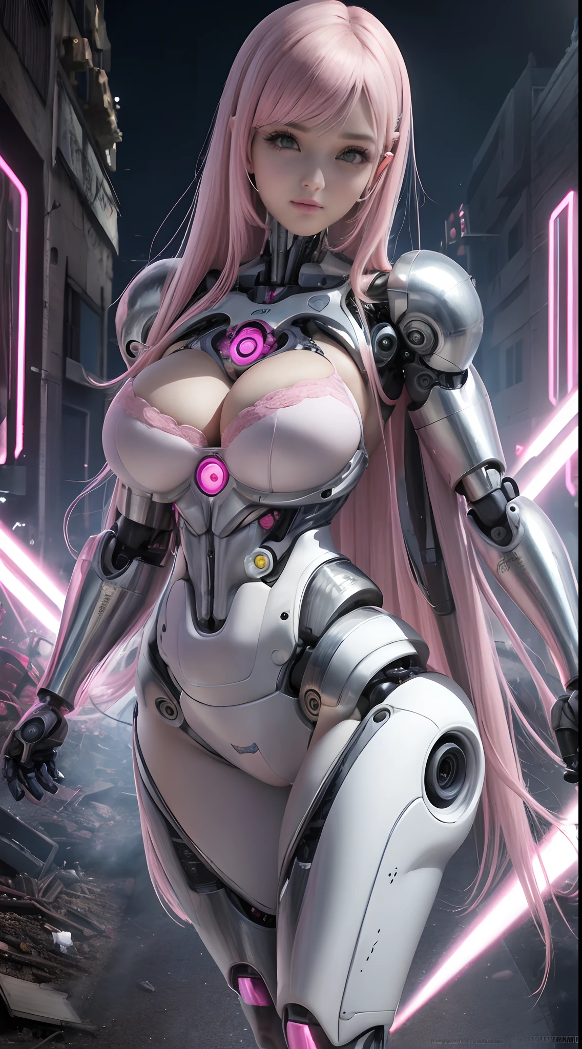 Un primer plano de una mujer con un traje rosa posando para una foto, (cuerpo cyborg ginoide:1.4), biomechanical oppai, anime robotic mixed with organic, cuerpo ginoide, Linda Chica Cyborg, highly detailed cybernetic body, girl in mecha cyber armor, Perfecto anime cyborg mujer, Chica cyborg, Chica androide perfecta, Broken hermosa mujer androide!,More detailed 8K.motor irreal:1.4,UHD,La mejor calidad:1.4, fotorrealista:1.4, textura de la piel:1.4, obra maestra:1.8,obra-prima, mejor calidad,objeto Objeto], (detailed face features:1.3),(Apocalyptic city destroyed:1.4),(cabello rosado largo:1.4),（Beautiful and detailed eye description）,(manos:1.4),(Pink Silver Robotic Suit:1.4)
