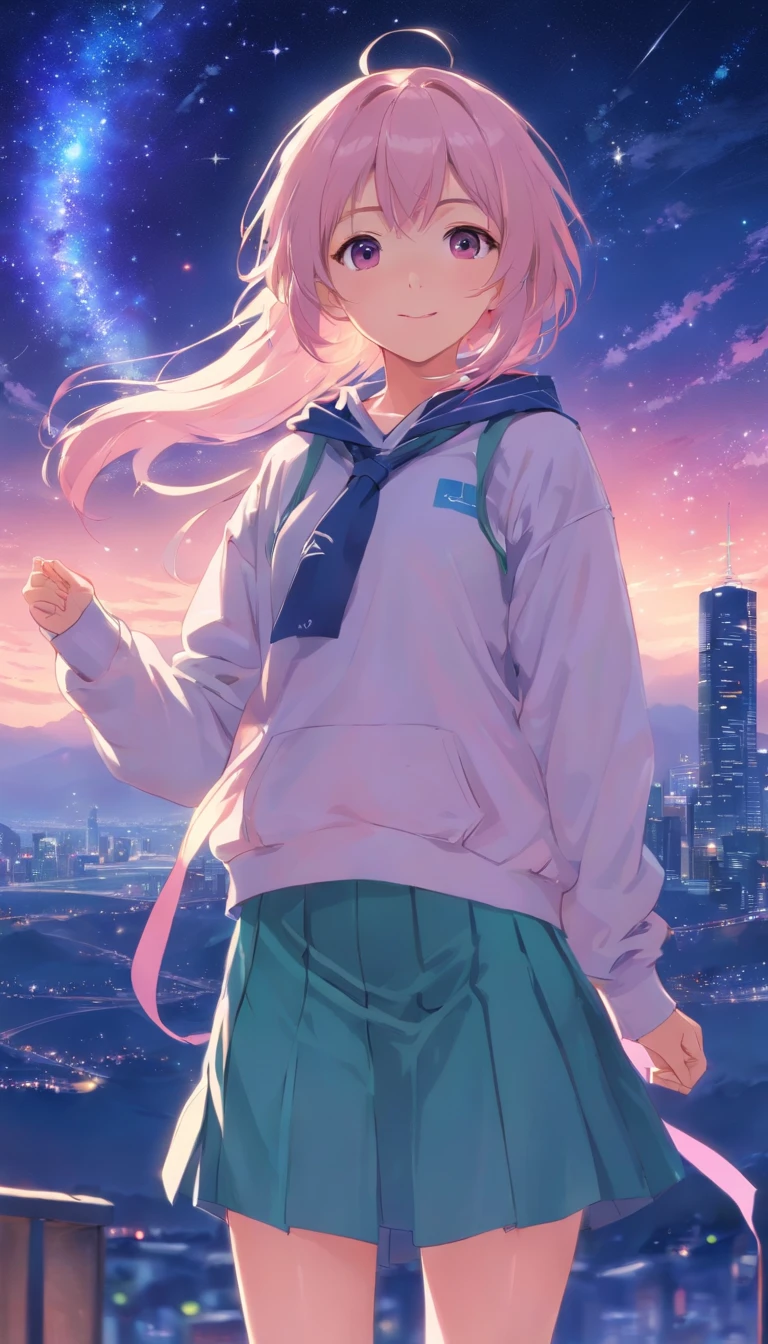 best qualtiy， tmasterpiece， 超高分辨率， realisticlying， 1 girl，（long  white hair），Heterochromic pupils，（ssmile）（JK skirt）， Pink stockings，athletic sneakers，Fantastic starry sky，looking at the stars，wide angles