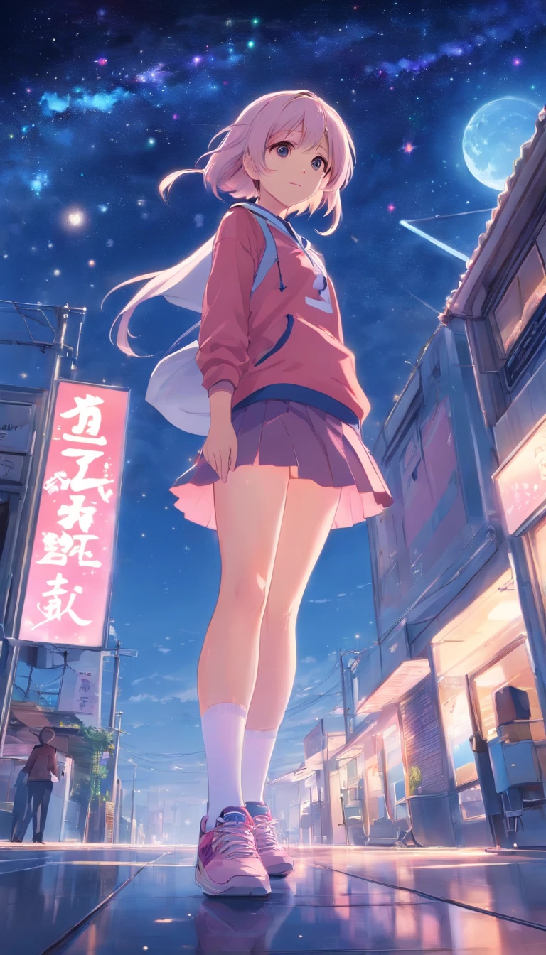best qualtiy， tmasterpiece， 超高分辨率， realisticlying， 1 girl，（long  white hair），Heterochromic pupils，（ssmile）（JK skirt）， Pink stockings，athletic sneakers，Fantastic starry sky，looking at the stars，wide angles
