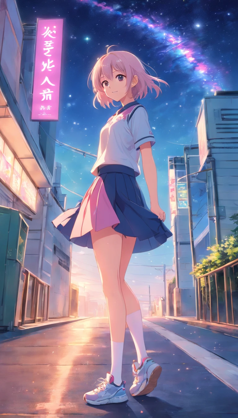 best qualtiy, tmasterpiece, 超高分辨率, realisticlying, 1 girl,(long white hair),Heterochromic pupils,(ssmile)(JK skirt), Pink stockings,athletic sneakers,Fantastic starry sky,looking at the stars,wide angles
