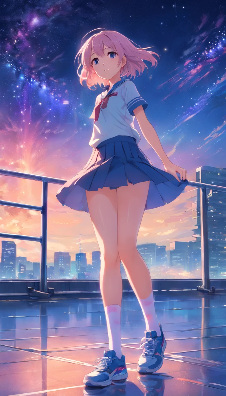 best qualtiy, tmasterpiece, 超高分辨率, realisticlying, 1 girl,(long white hair),Heterochromic pupils,(ssmile)(JK skirt), Pink stockings,athletic sneakers,Fantastic starry sky,looking at the stars,wide angles