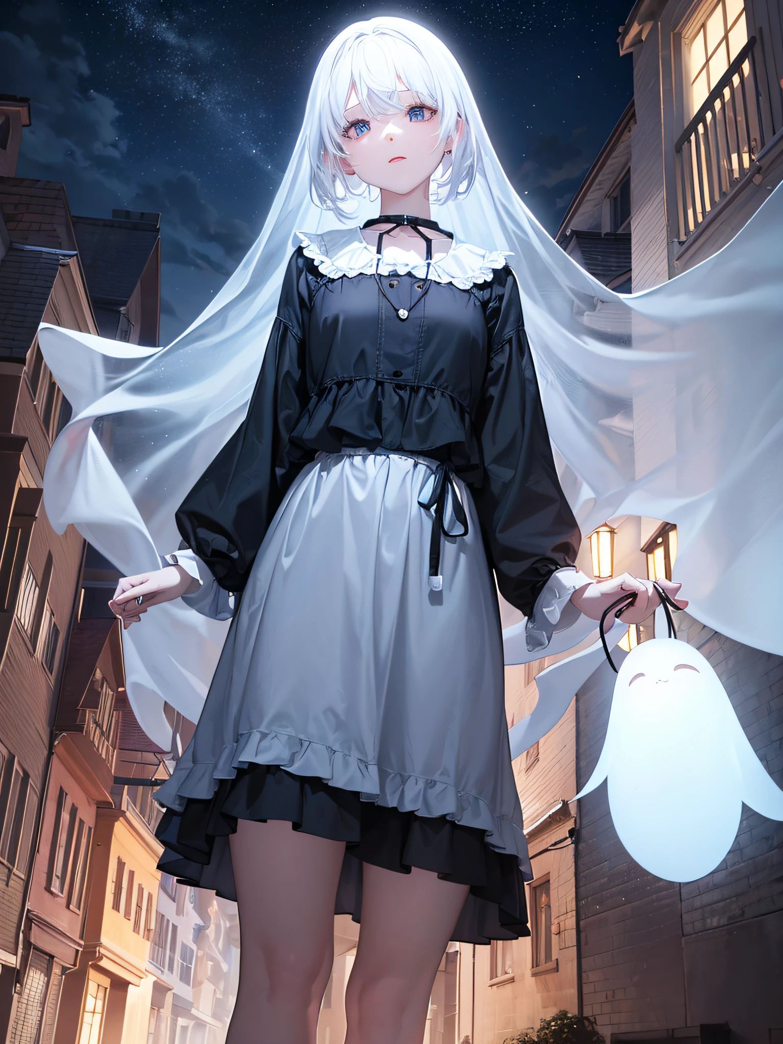 A bed sheet ghost walking with her real dog on a leash, excited for the walk, on the streets of a neighborhood with colorful houses, {extremely detailed 8k CG unit wallpaper}, expansive landscape photography, (a view from below focusing on character and setting), (wide open field view), (low angle shot), (high light: 1.6), (low light: 1.3), (warm light source: 1.4), complex details, (iridescent colors: 1.7), (bright lighting), (atmospheric lighting), Fun, ghost, surrealistic, Dreamy