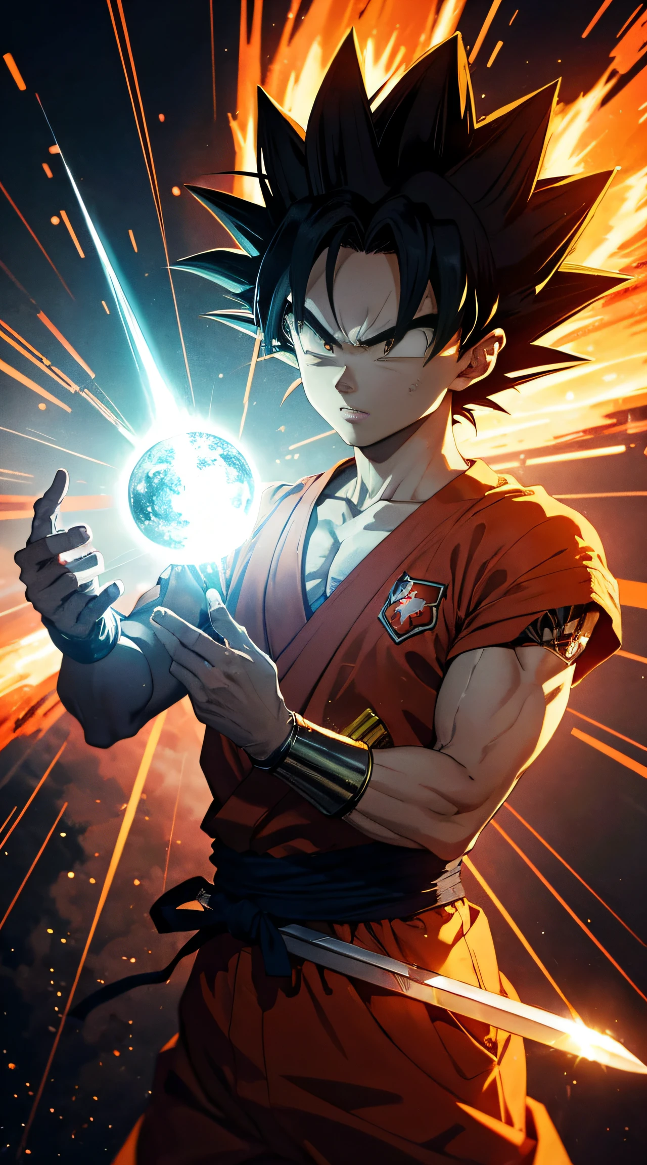 Tiago Jean, Katsuhiro Otomo, surreal, misterioso, bizarro, genial, fantasia, scientific fiction, Anime japones, ((Goku super saiyajin god com uma espada)) Correndo pela noite escura, indo para algum lugar, The moonlight being the only guide, incapaz de enxugar a dor e a tristeza, And where's my heart? The flame will not be extinguished.Who will we hold on to this feeling until the day we share the darkness and shine in the sun??, Obras-primas detalhadas, Cinematic depth-of-field lighting