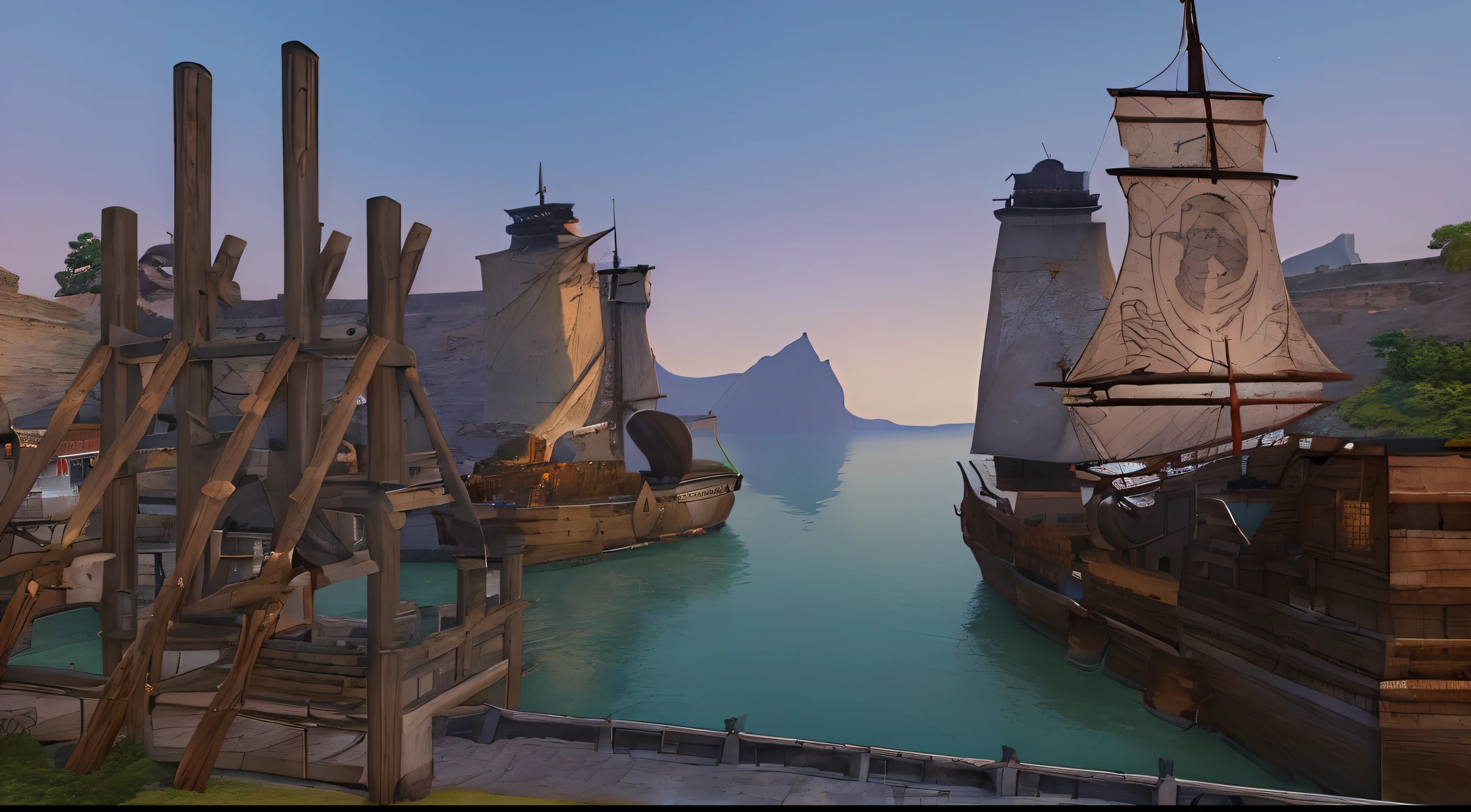 ((masterpiece)), (8k, high_resolution), (best quality), ultra-detailed, beautiful clouds, beautiful landscape, beautiful plants and trees, detailed forest,<mmorpgs scene, mmo, zenithal view, pc screenshot, ingame image, tamriel, longspear, imperial city in the distance, inspired by Sheng Maoye, high quality screenshot,there are many ships that are docked in the water, renaissance port city background, beautiful screenshot, detailed screenshot, small port village, arcane style viking battleship, medieval coastal village, beautiful render of tang dynasty, atlantis in the background, port scene background, ships in the harbor, stunning arcanum backdrop, harbour, mmo, viking city, high quality screenshot, fishing town
