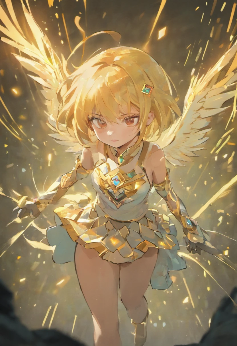 ((lemon_magician_girl as a Boy:1.2)), Blonde hair , Yellow Clothes , Smile , Cute , ((Tan skin:1.6)), ((solo,1boy:1.1)), Yellow Witch hat , Tiny angel wings,gloves , Boots , Magical Background, Dynamic pose, High quality, high Asethics, masterpiece