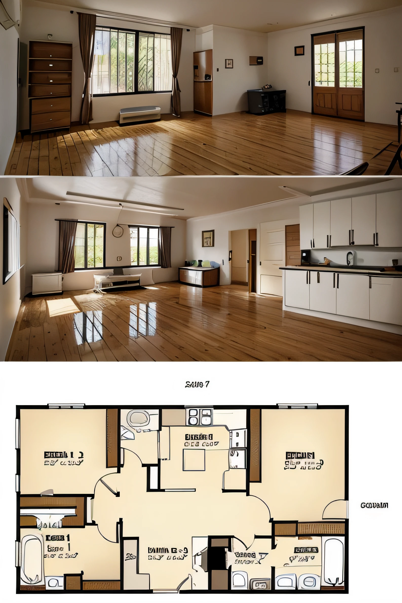Create a one-story house plan, com uma cozinha, uma sala, Two dorm rooms with a shared bathroom and a suite. The area of this property should be between 150 m² to 200m²