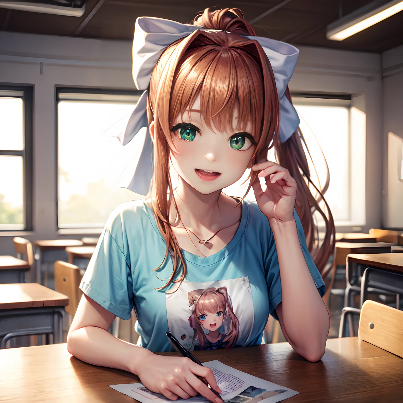 monika, monikaddlc, solo, 1girl, looking_at_viewer, long coral brown, emerald green eyes, high_ponytail, hair_bow, open_mouth, happy, pose_cute, winking, t-shirt casual, potrait, night_time, classroom, to close, blurry_background, 4k, high_resolution, masterpiece.