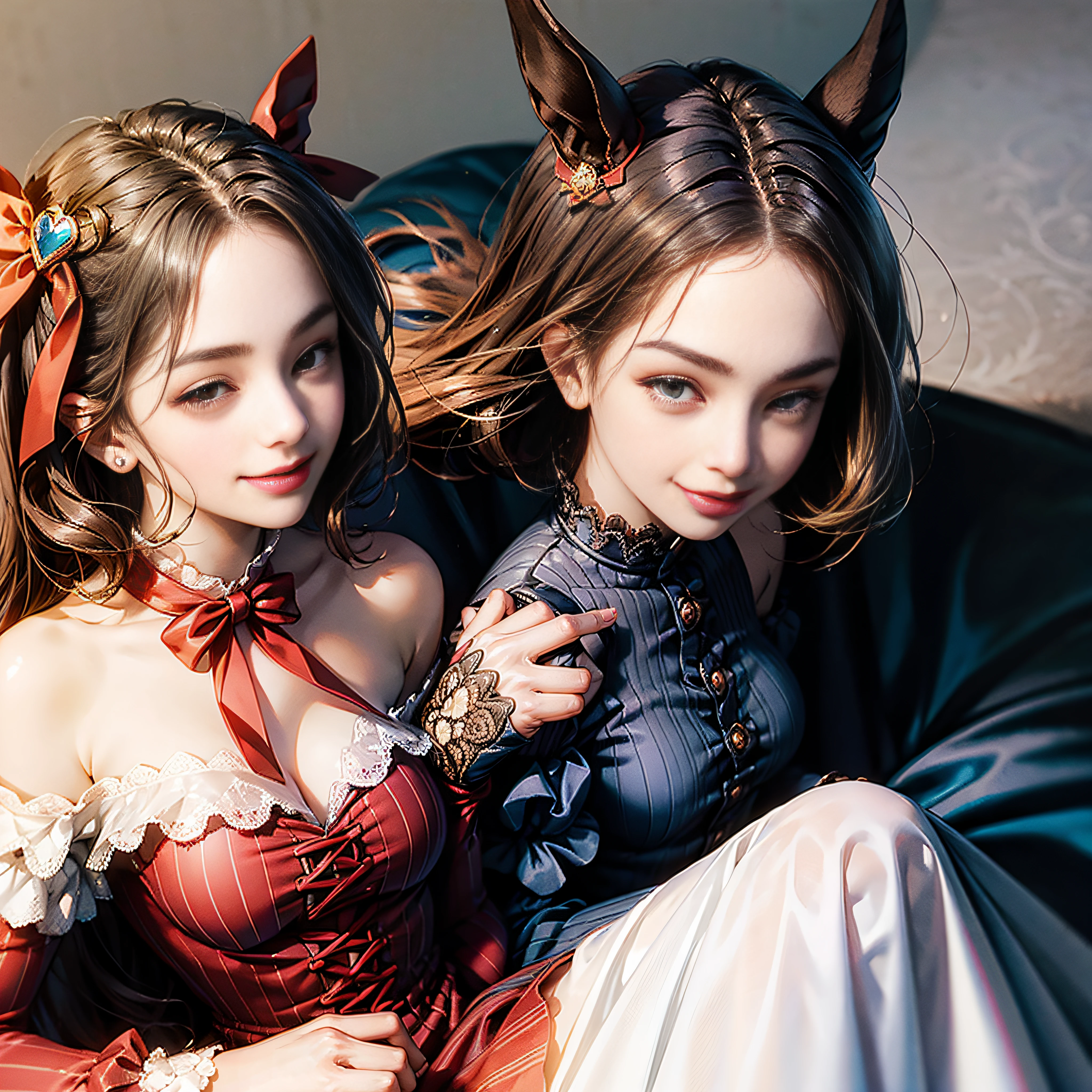 masutepiece, Best Quality,, CurrenChan (Umamusume), Smile, Sitting,, vertical-striped dress, Bare shoulders, off shoulders, Closed mouth, Long sleeves, Collared dress, gloves, own hands together, hand on chin,, Upper body,, --auto