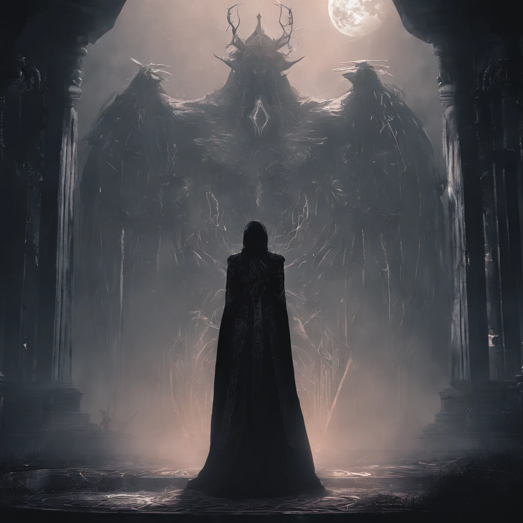 {Subject Description}: Uma mulher misteriosa e elegante, com pele roxa e chifres majestosos, It is positioned on an imposing altar. She exudes an air of power and mystery, being endowed with necromantic abilities that give her control over spirits and demons.
{Type of Image}: digital illustation.
{Art Styles}: Dark fantasy, surrealismo.
{Art Inspirations}: Artista John Howe, Blizzard Entertainment studio, jogo "Diablo".
{Camera}: Medium plan.
{Shot}: The woman is standing, staring directly at camera, emanando uma aura sinistra.
{Render Related Information}: Detalhes altamente realistas, highlighting the horns and the woman's facial expression. Gloomy and atmospheric lighting, Underscoring the sinister features of the setting. 4K resolution to capture every stunning detail.
{Environment/Background}: The altar is adorned with occult symbols and is located in a gloomy setting, with an ethereal mist and spirited demons hovering around.
{Additional Details}: The woman is dressed in a long elegant dress, with a gothic touch and elements inspired by Victorian fashion.
{Keywords}: Necromancia, elegante, poderosa, misteriosa, altar, Spirited Demons, roxo, chifres, digital illustation, dark fantasy, surrealismo.
{Art Station Inspirations}: Artista: Nekro Xibalba (https://www.artstation.com/nekroxibalba)
{Behance Inspirations}: Artista: Tomasz Strzalkowski (https://www.behance.net/tomaszstrzalkowski)