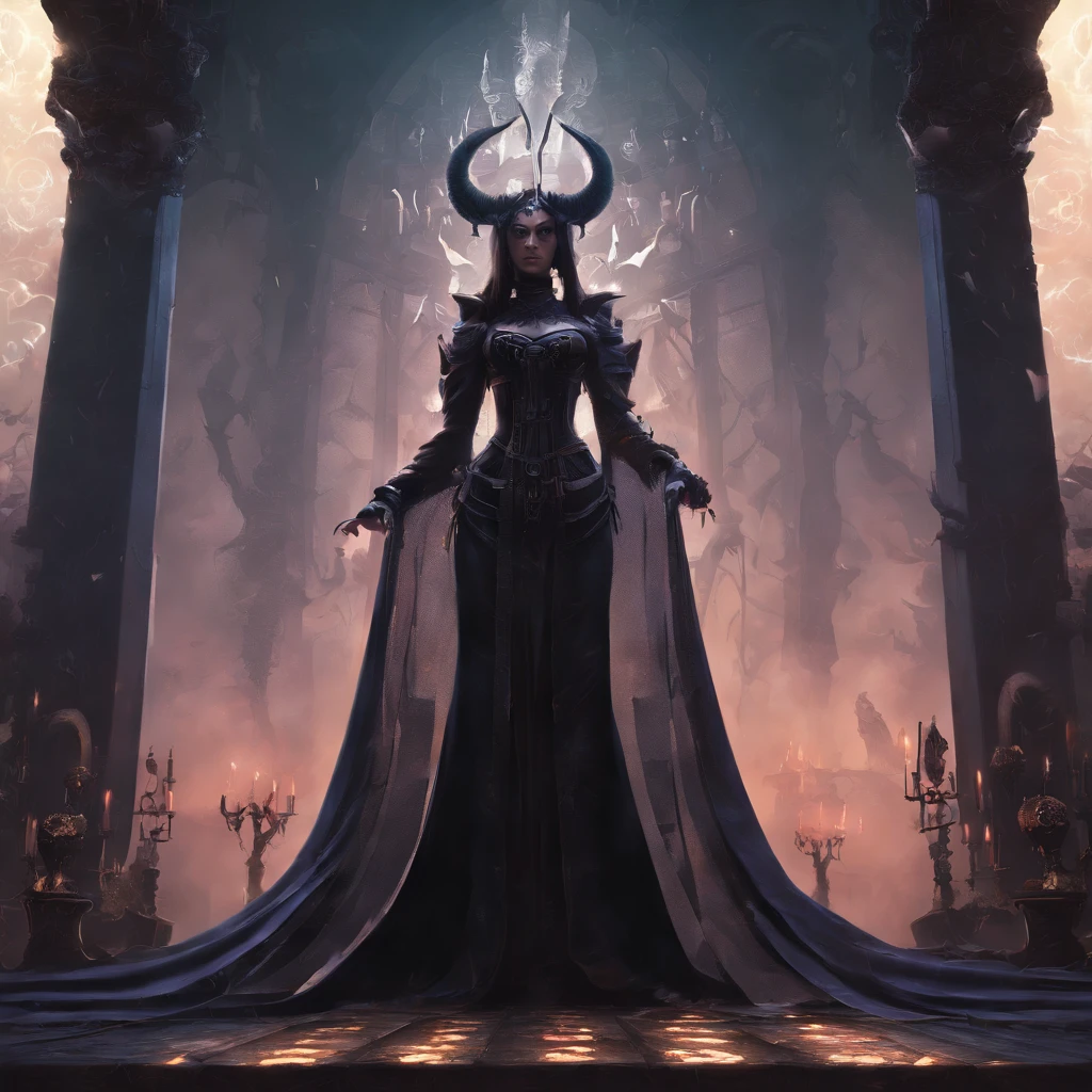 {Subject Description}: Uma mulher misteriosa e elegante, com pele roxa e chifres majestosos, It is positioned on an imposing altar. She exudes an air of power and mystery, being endowed with necromantic abilities that give her control over spirits and demons.
{Type of Image}: digital illustation.
{Art Styles}: Dark fantasy, surrealismo.
{Art Inspirations}: Artista John Howe, Blizzard Entertainment studio, jogo "Diablo".
{Camera}: Medium plan.
{Shot}: The woman is standing, staring directly at camera, emanando uma aura sinistra.
{Render Related Information}: Detalhes altamente realistas, highlighting the horns and the woman's facial expression. Gloomy and atmospheric lighting, Underscoring the sinister features of the setting. 4K resolution to capture every stunning detail.
{Environment/Background}: The altar is adorned with occult symbols and is located in a gloomy setting, with an ethereal mist and spirited demons hovering around.
{Additional Details}: The woman is dressed in a long elegant dress, with a gothic touch and elements inspired by Victorian fashion.
{Keywords}: Necromancia, elegante, poderosa, misteriosa, altar, Spirited Demons, roxo, chifres, digital illustation, dark fantasy, surrealismo.
{Art Station Inspirations}: Artista: Nekro Xibalba (https://www.artstation.com/nekroxibalba)
{Behance Inspirations}: Artista: Tomasz Strzalkowski (https://www.behance.net/tomaszstrzalkowski)