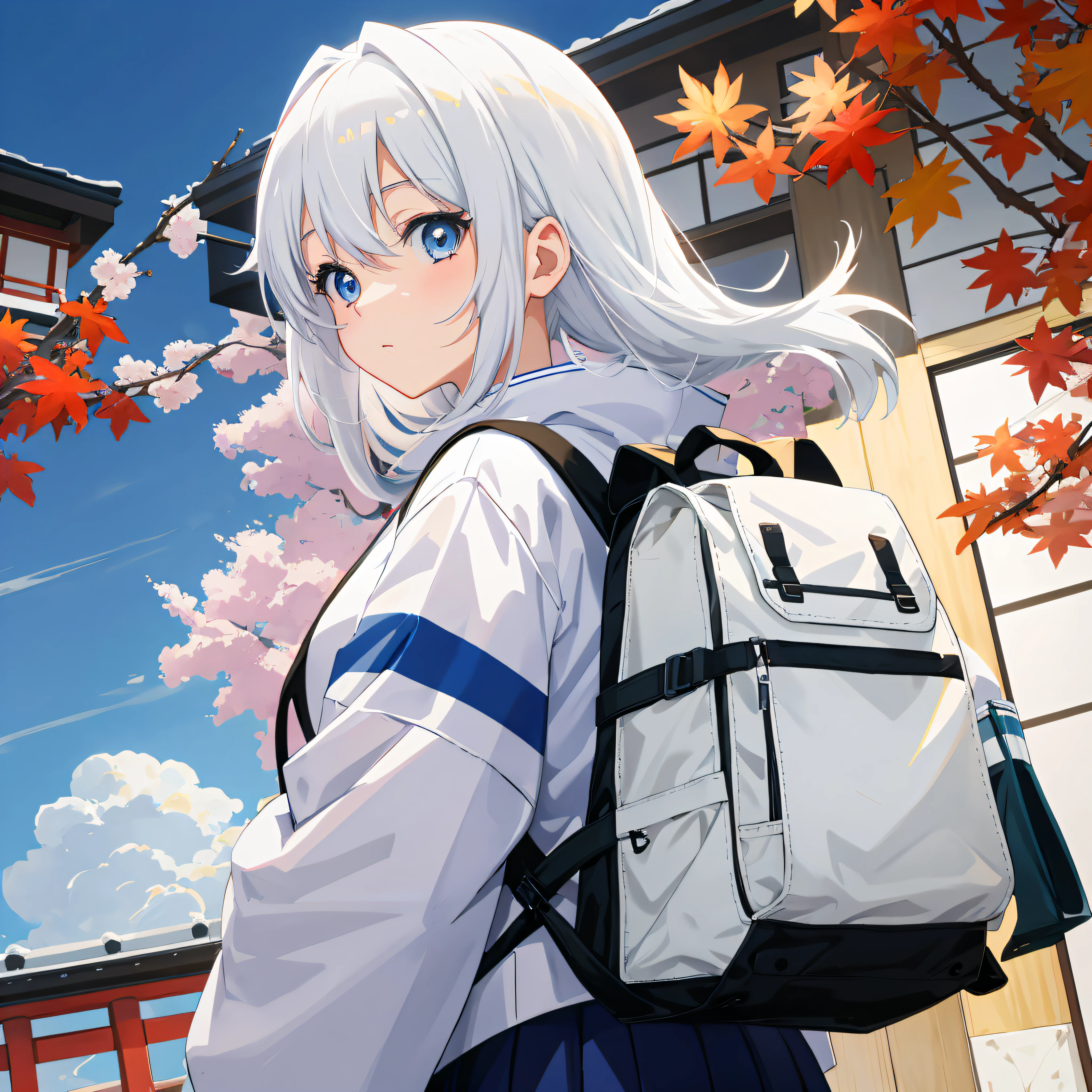 anime girl with white hair and blue eyes wearing a backpack, beautiful anime high school girl, anime style 4 k, kantai collection style, white haired deity, girl with white hair, high quality anime artstyle, official artwork, anime visual of a cute girl, best anime 4k konachan wallpaper, anime wallpaper 4k, anime wallpaper 4 k