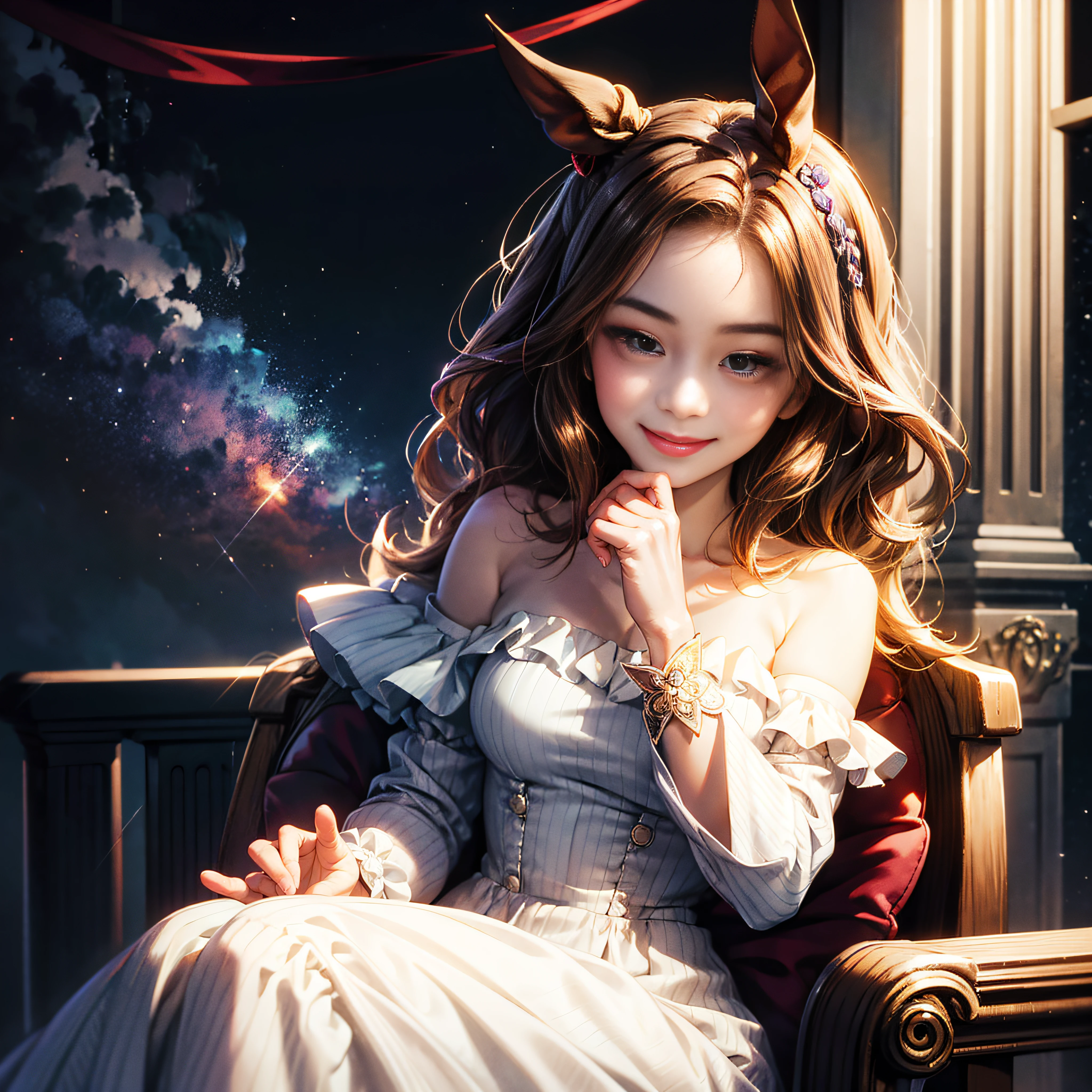 masutepiece, Best Quality,, CurrenChan (Umamusume), Smile, Sitting,, vertical-striped dress, Bare shoulders, off shoulders, Closed mouth, Long sleeves, Collared dress, gloves, own hands together, hand on chin,, Upper body,, --auto