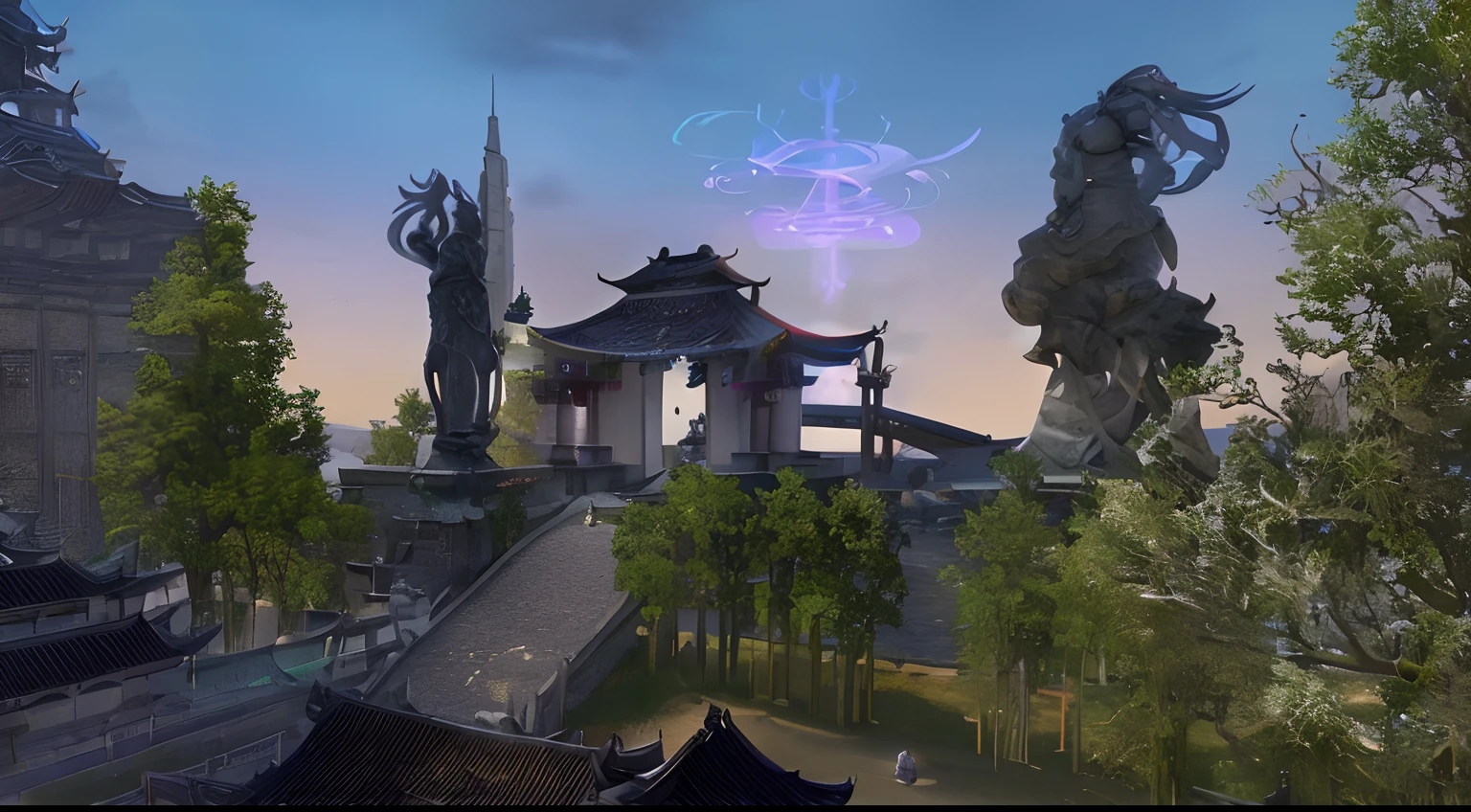 ((masterpiece)), (8k, high_resolution), (best quality), ultra-detailed, beautiful clouds, beautiful landscape, beautiful plants and trees, detailed forest,<mmorpgs scene, mmo, zenithal view, pc screenshot, ingame image, tamriel, longspear, imperial city in the distance, inspired by Sheng Maoye, high quality screenshot,there is a large building with a lot of statues on it, mysterious temple setting, <mmorpgs scene, ingame image, heise jinyao, beautiful screenshot, kings row in the background, zenithal view, mmo, entrance to ethereal realm, inspired by Sheng Maoye, korean mmo, aion, stunning screenshot, korean mmorpg