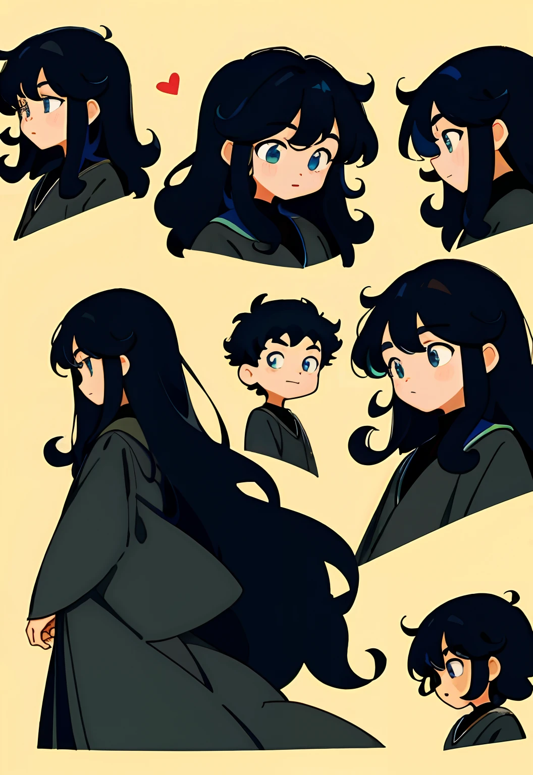younge boy，multiple postures and expressions，Children's book illustration style，، simple，adolable，full-color，black long curly hair，flatcolors，