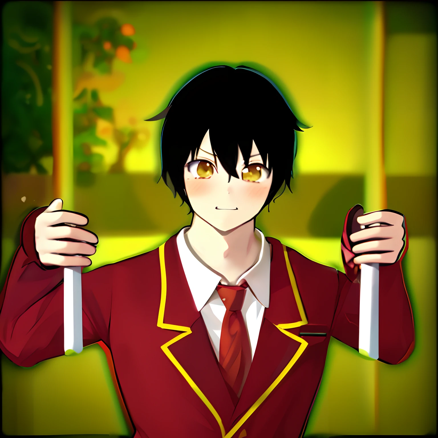 anime boy in a red suit holding a white tube, gapmoe yandere, rin, inspired by Un'ichi Hiratsuka, anime style”, magical school student uniform, inspired by Okumura Masanobu, wielding kunai, yandere. tall, avatar image, inspired by Tomioka Tessai, anime fencer
