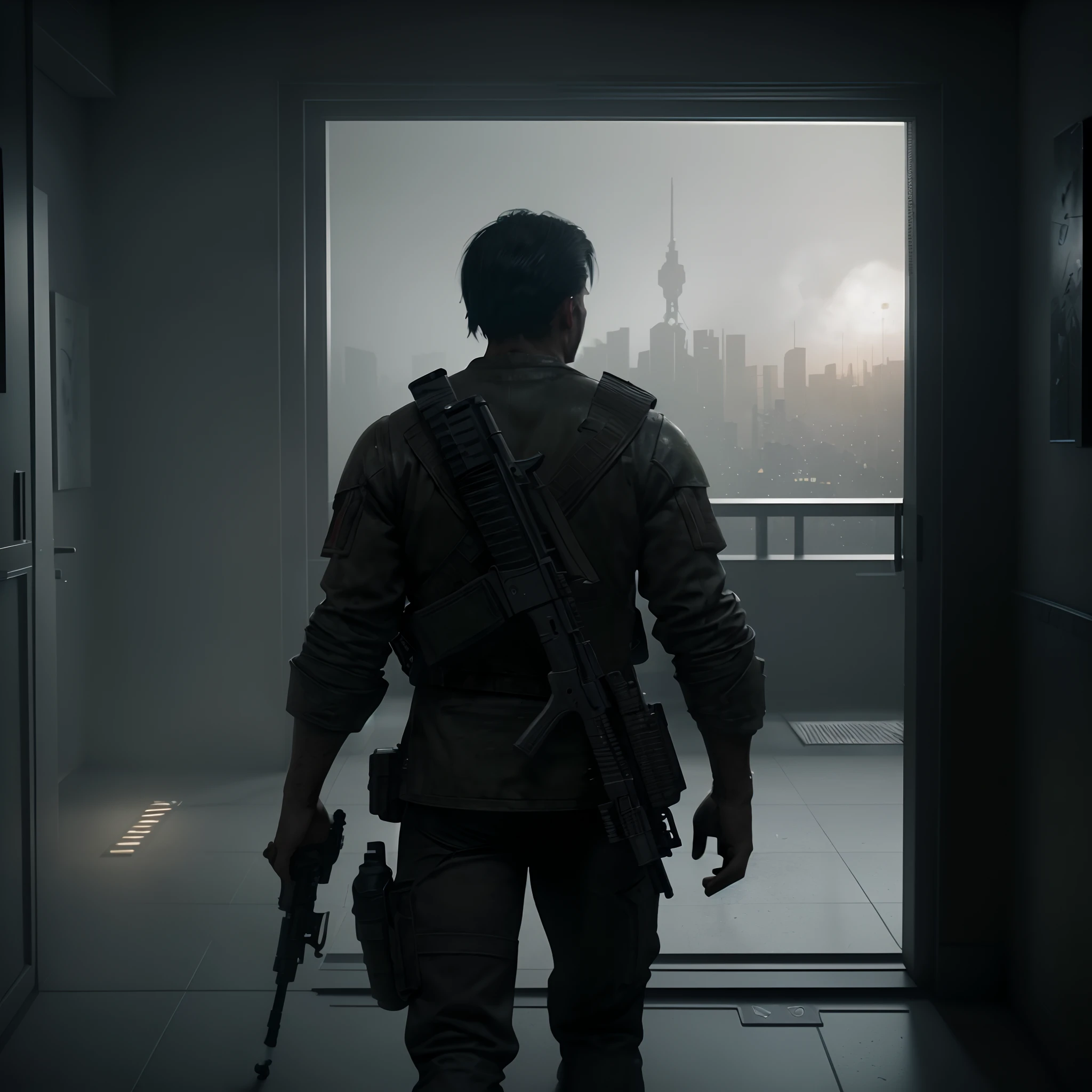 there is a man with a gun standing in a hallway, detailed cinematic render, in-game cinematic, gloomy cinematic lighting, detailed cinematic shot, realistic cinematic shot, cinematic render, 2020 video game screenshot, octane render cinematic, cinematic rendering, ps 4 in - game cinematic, cinematic 3d render, video game cinematic, moody cinematic lighting, cinematic realistic photo