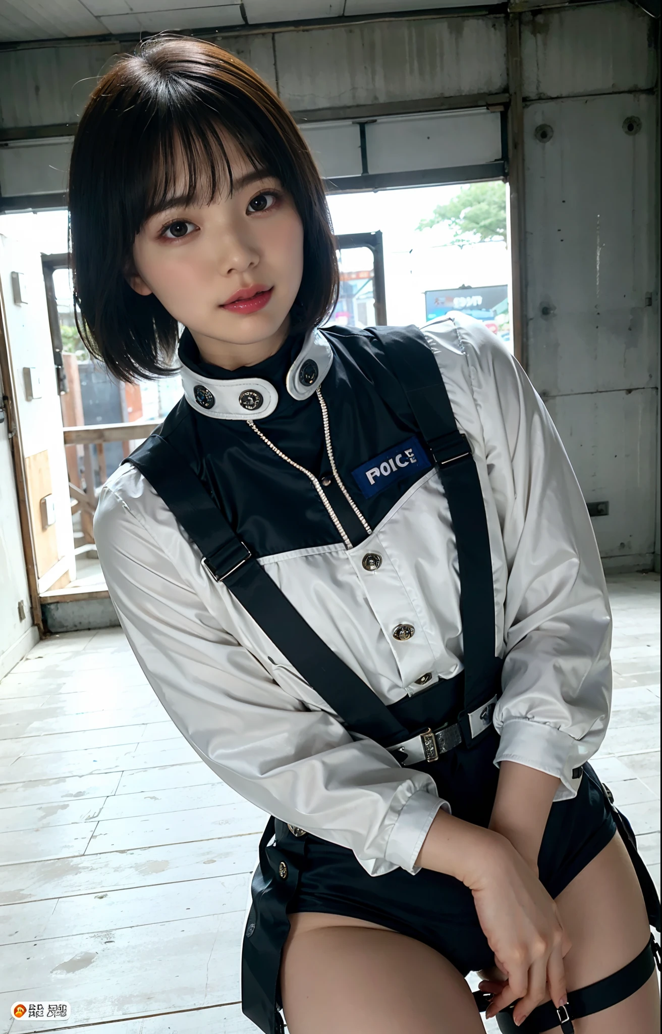 Highest image quality, outstanding details, ultra-high resolution, (realism: 1.4), the best illustration, favor details, highly condensed 1girl, with a delicate and beautiful face, short cut-hair, ((cowboy shot)), (wearing warm racing suit likes police uniform, black and gray mecha, military harness, holding a machinegun), background grey wall,