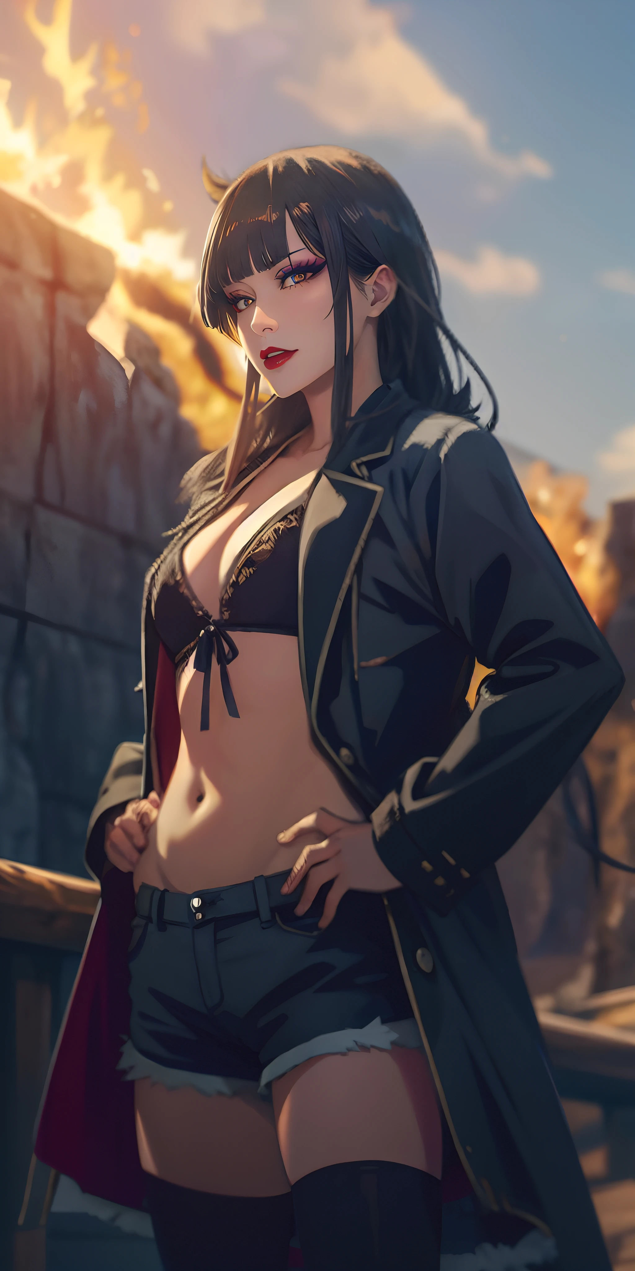 senjumaru shutara, (long hair, bangs, blunt bangs, black hair, sidelocks:1.5), (black eyes:1.5), makeup, lipstick, red lipstick,fire, 1girl, breasts, hand_on_hip, navel, solo, open_clothes, fur_collar, large_breasts, shorts, looking_at_viewer, jacket, fur_trim, long_sleeves, short_shorts, standing, stomach, cowboy_shot, closed_mouth, coat, no_bra, open_jacket, fur-trimmed_jacket, open_coat, cleavage, black_coat, black_shorts, shiny, thighhighs, long shot scenic professional photograph of {prompt}, perfect viewpoint, highly detailed, wide-angle lens, hyper realistic, with dramatic sky, polarizing filter, natural lighting, vivid colors, everything in sharp focus, HDR, UHD, 64K, anime coloring, anime screencap,