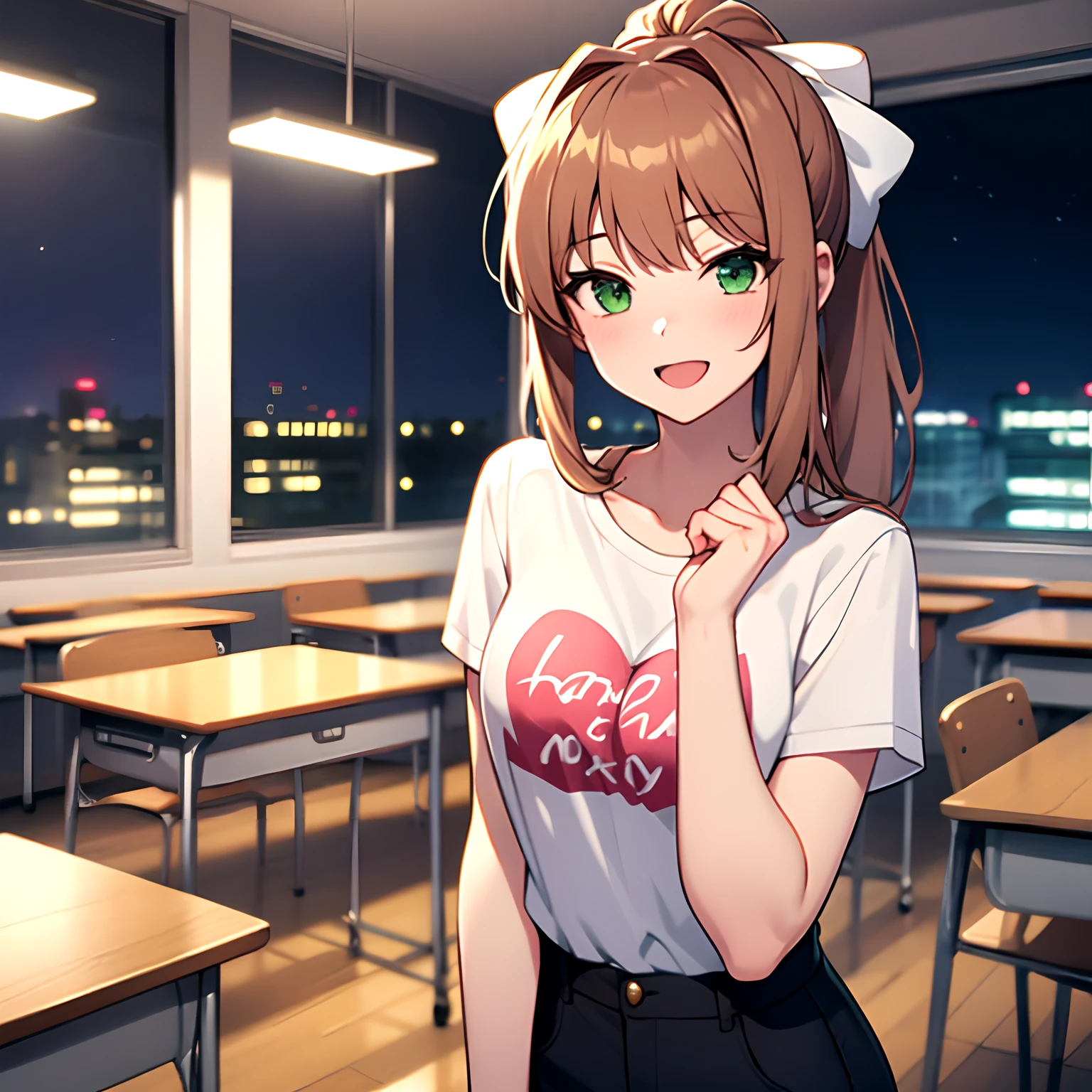 monika, monikaddlc, solo, 1girl, looking_at_viewer, long coral brown, emerald green eyes, high_ponytail, hair_bow, open_mouth, happy, pose_cute, winking, t-shirt casual, potrait, night_time, classroom, to close, blurry_background, 4k, high_resolution, masterpiece.