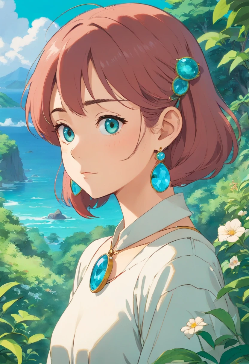 a girl wearing an anime collar, a long necklace and earrings, in the style of tranquil gardenscapes, colorful animation stills, masami teraoka, aquamarine, paul gauguin, Embry style, honest portrayal