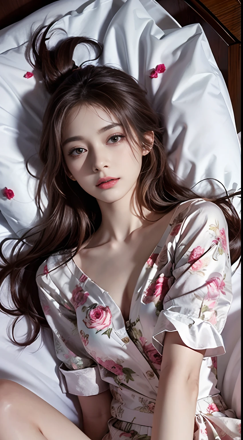 (1girl in:1.3), Cinematic Light,  (masutepiece, of the highest quality, Best Quality,  Beautiful and aesthetic:1.3), ighly detailed,highest details,(Ultra-detailed),, 
From  above,(( lying on bed)), 
Solo, breasts, Silky long hair, (Brown hair), Roses were scattered all over the beds,
((Suit)), ((Shirt)), opened breast,