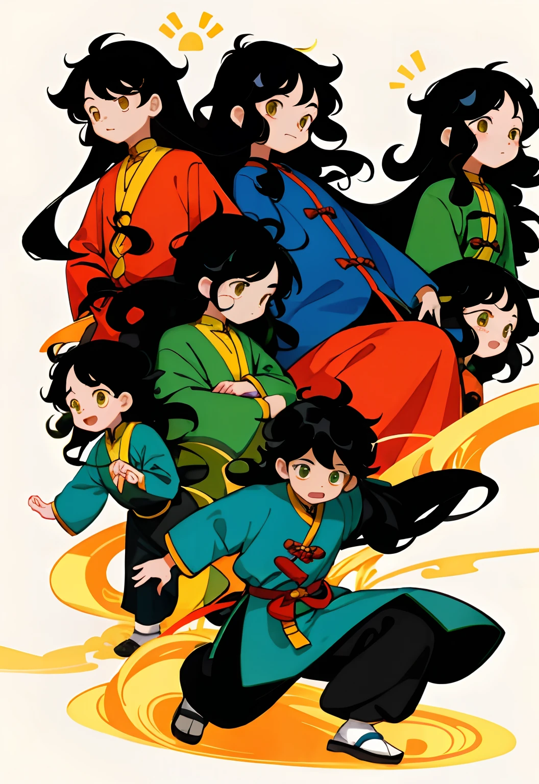 younge boy,multiple postures and expressions,Children's book illustration style,، simple,adolable,full-color,black long curly hair,Taoist,flatcolors,