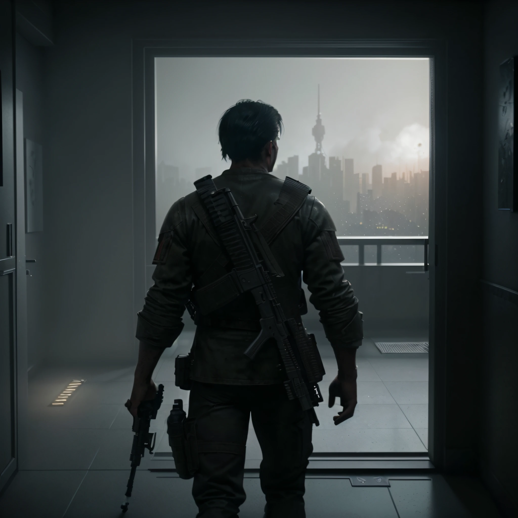 there is a man with a gun standing in a hallway, detailed cinematic render, in-game cinematic, gloomy cinematic lighting, detailed cinematic shot, realistic cinematic shot, cinematic render, 2020 video game screenshot, octane render cinematic, cinematic rendering, ps 4 in - game cinematic, cinematic 3d render, video game cinematic, moody cinematic lighting, cinematic realistic photo