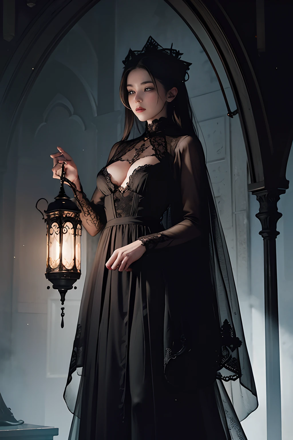 Official Art, Unity 8k wallpaper, super detailed, beautiful, beautiful, masterpiece, best quality,
darkness, atmosphere, mystery, romanticism, creepy, literature, art, fashion, victorian, decoration, intricacies, ironwork, lace, contemplation, emotional depth, supernatural, 1 girl, solo, neck, bust composition,  full body, beautiful girl dressed in black, transparent clothing showing naked body, black clothing with Victorian lace, small breasts visible, transparent fabric showing naked body of beautiful girl, interior of gothic temple, lamp and candles and lantern, antique clock in wall, night light, illuminated face, fantasy, mystery, fog, full moon, cloudy sky, book on marble pedestal, magic book of wisdom, huge mirror with iron frame,