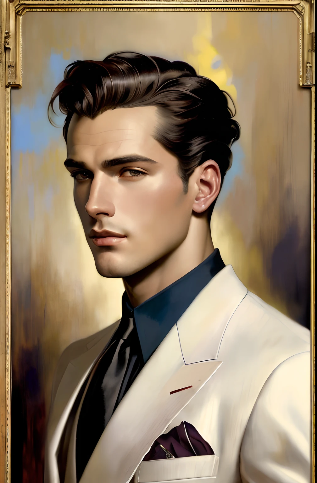 (Masterpiece) portrait of a heavenly handsome Hugo Boss male model in 1940s, beautiful painting with highly detailed face by Alphonse Mucha, Craig Mullins, Greg Rutkowski, magali villanueve, (the most beautiful portrait in the world:1.5)