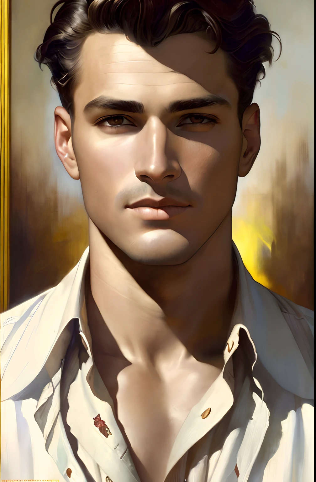 (Masterpiece) portrait of a heavenly handsome Hugo Boss male model in 1940s, beautiful painting with highly detailed face by Alphonse Mucha, Craig Mullins, Greg Rutkowski, magali villanueve, (the most beautiful portrait in the world:1.5)