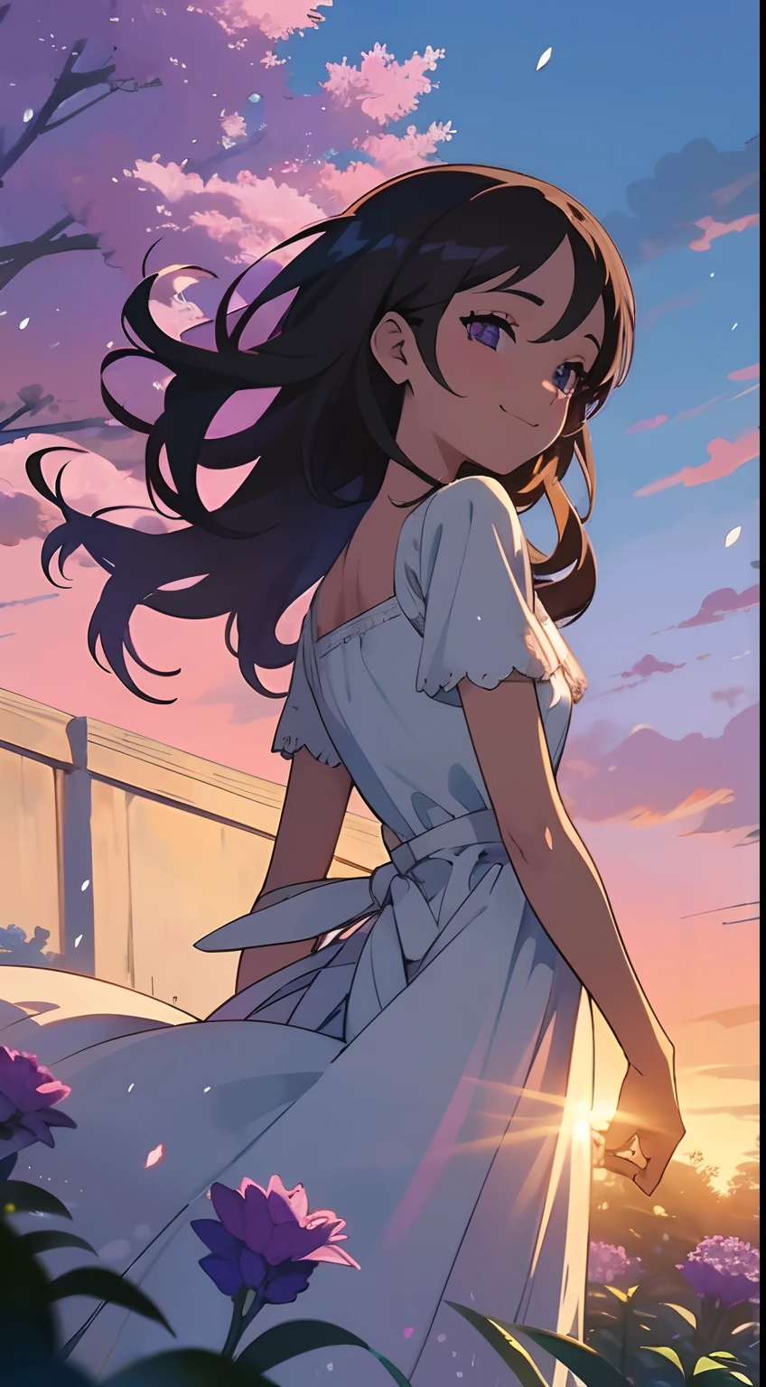 (masterpiece), close up of a beautiful girl on a garden, sunset, The Garden of Words, gorgeous, nature, purple flowers, after rain, white dress, (perfect face), perfect eyes, purple eyes, amazing eyes, expressive eyes, grass, beautiful sky, gogeous clouds, 4k, smilling, happy,happyness, soft, wallpaper,cute, hope, BREAK the image transmit a hopeful feeling, good vibes, happy atmosphere, beauty on the small details, a visual masterpiece, beautiful colors