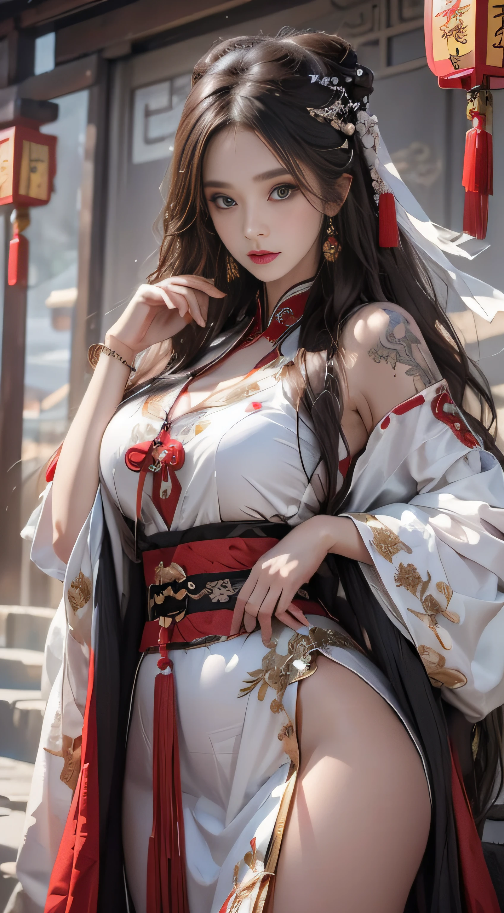 Photorealistic, High resolution, 1 woman, hips up high, Beautiful eyes, Long hair, Ringed Eyes, Jewelry, The tattoo, Hanfu, chinese fairy, Taoist uniform