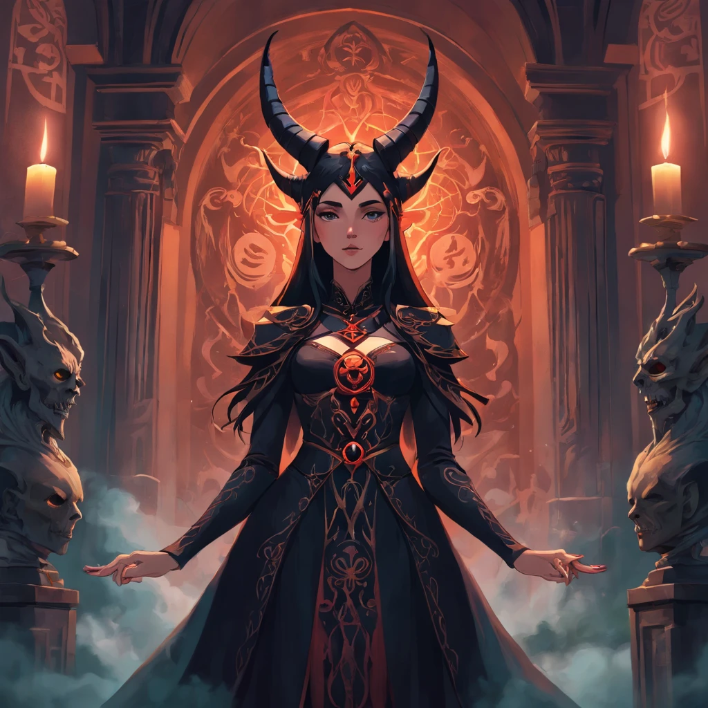 {Subject Description}: Uma mulher misteriosa e elegante, com pele roxa e chifres majestosos, It is positioned on an imposing altar. She exudes an air of power and mystery, being endowed with necromantic abilities that give her control over spirits and demons. {Type of Image}: digital illustation. {Art Styles}: Dark fantasy, surrealismo. {Art Inspirations}: Artista John Howe, Blizzard Entertainment studio, jogo "Diablo". {Camera}: Medium plan. {Shot}: The woman is standing, staring directly at camera, emanando uma aura sinistra. {Render Related Information}: Detalhes altamente realistas, highlighting the horns and the woman's facial expression. Gloomy and atmospheric lighting, Underscoring the sinister features of the setting. 4K resolution to capture every stunning detail. {Environment/Background}: The altar is adorned with occult symbols and is located in a gloomy setting, with an ethereal mist and spirited demons hovering around. {Additional Details}: The woman is dressed in a long elegant dress, with a gothic touch and elements inspired by Victorian fashion. {Keywords}: Necromancia, elegante, poderosa, misteriosa, altar, Spirited Demons, roxo, chifres, digital illustation, dark fantasy, surrealismo. {Art Station Inspirations}: Artista: Nekro Xibalba (https://www.artstation.com/nekroxibalba) {Behance Inspirations}: Artista: Tomasz Strzalkowski (https://www.behance.net/tomaszstrzalkowski)
