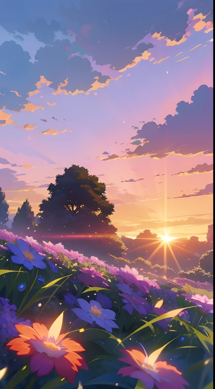 (masterpiece), beautiful  garden, sunset, The Garden of Words, gorgeous, nature, purple flowers, after rain, grass, beautiful sky, gogeous clouds, 4k, smilling, happy,happyness, soft, wallpaper,cute, hope, BREAK the image transmit a hopeful feeling, good vibes, happy atmosphere, beauty on the small details, a visual masterpiece, beautiful colors