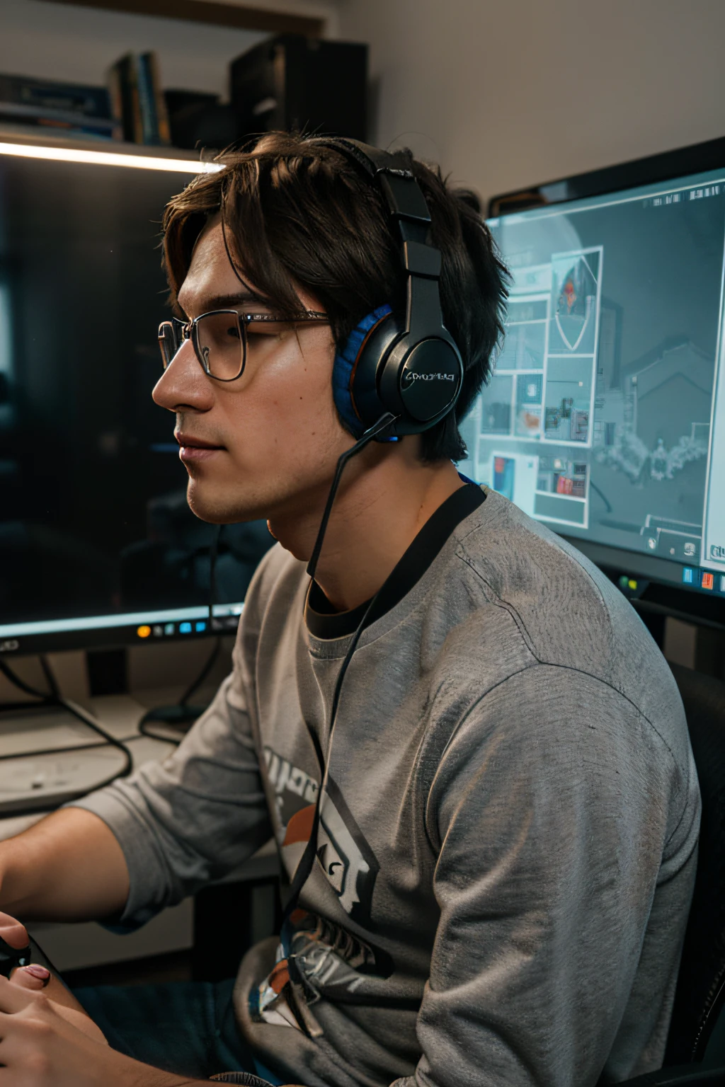 nerd gamer guy wearing a headset while he plays videogame with a bright screen towards his face