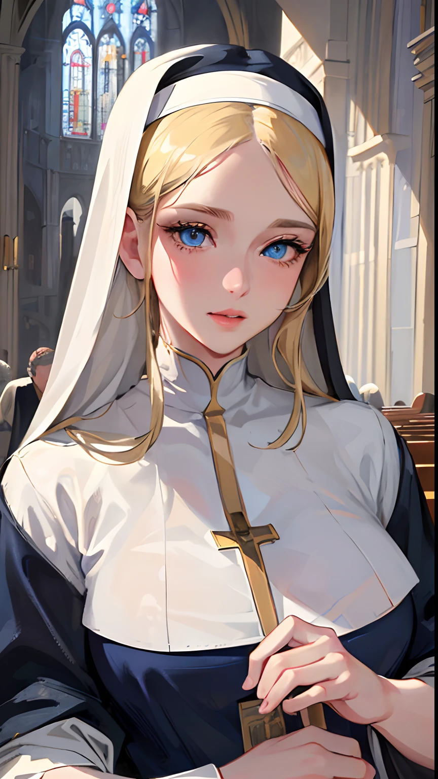 (best quality,4k,8k,highres,masterpiece:1.2),ultra-detailed,realistic,beautiful detailed blue eyes,beautiful detailed lips,extremely detailed face,long hair,1girl,beautiful blonde girl,wearing a nun's outfit,cute,attractive,church, retrato, detailed eyes