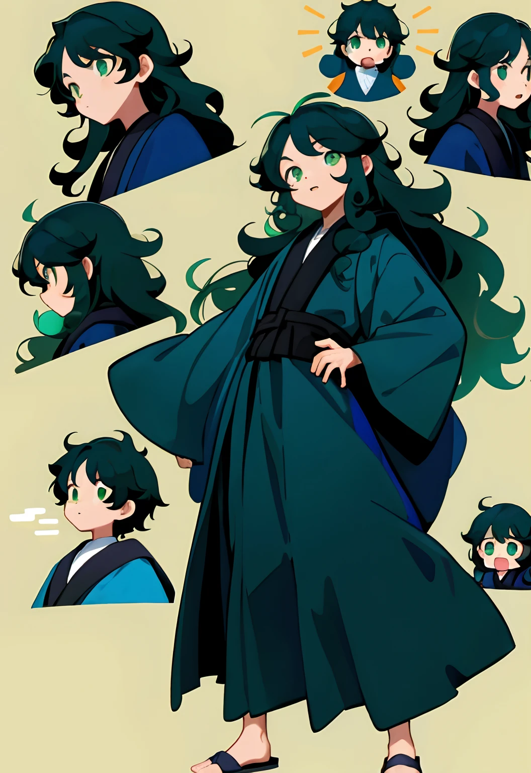 younge boy，multiple postures and expressions，Children's book illustration style，، simple，adolable，full-color，black long curly hair，Blue robe，green-eyed，flatcolors，