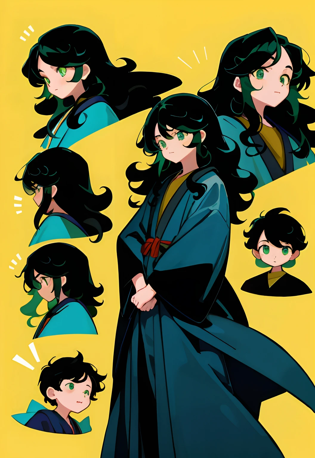 younge boy，multiple postures and expressions，Children's book illustration style，، simple，adolable，full-color，black long curly hair，Blue robe，green-eyed，flatcolors，