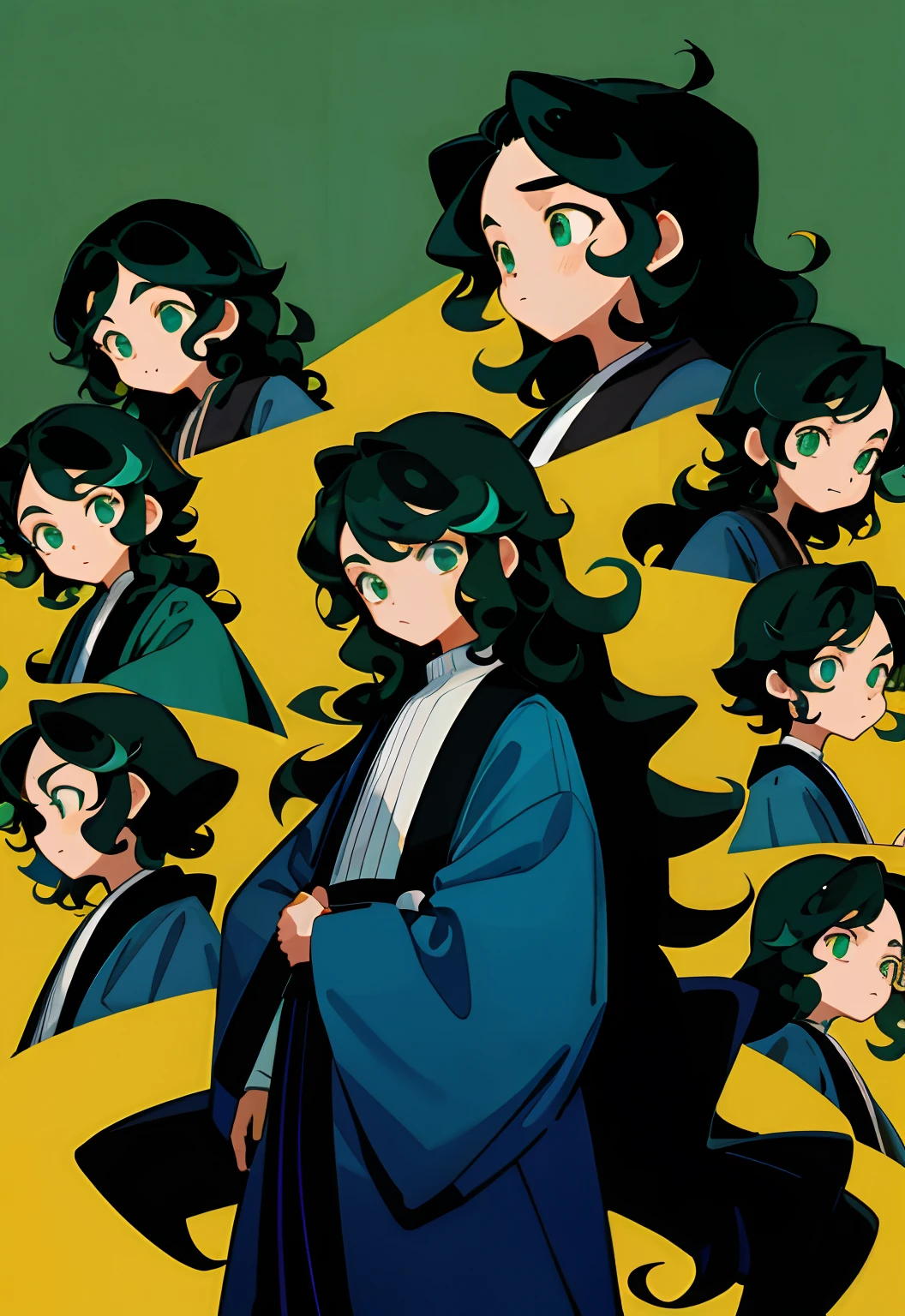younge boy，multiple postures and expressions，Children's book illustration style，، simple，adolable，full-color，black long curly hair，Blue robe，green-eyed，flatcolors，